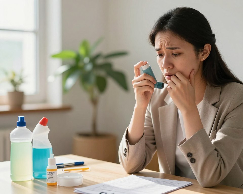A visually striking representation of asthma triggers and risks associated with an asthma attack, featuring a well-lit indoor environment. In the foreground, display a worried professional wearing modest business attire, holding an inhaler, symbolizing the urgency to seek medical attention. The middle ground should showcase common asthma triggers such as cleaning products on a table, with labels clearly visible but non-specific. In the background, softly blurred images of natural elements like a potted plant and an open window, suggesting fresh air contrasting with indoor pollution. Natural daylight streams in, creating a warm yet tense atmosphere, emphasizing the importance of awareness and action in respiratory health. The composition should be framed from a slight low angle, enhancing the dramatic effect without overwhelming the viewer.