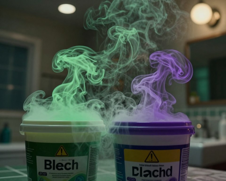 A visually striking scene depicting the toxic fumes rising from two containers, one labeled bleach and the other toilet bowl cleaner, positioned prominently in the foreground. The fumes intertwine, creating swirling patterns in the air, colored in ominous shades of green and purple to signify danger. In the middle ground, detailed product warning labels are partially visible on the containers, showcasing caution symbols and hazardous material warnings. The background is a blurred bathroom environment, dimly lit with soft overhead lights, enhancing the sense of caution and unease. The angle is slightly tilted upwards, emphasizing the rising fumes. The overall mood is tense and foreboding, capturing the potential dangers of mixing these household chemicals. A visually striking scene depicting the toxic fumes rising from two containers, one labeled bleach and the other toilet bowl cleaner, positioned prominently in the foreground. The fumes intertwine, creating swirling patterns in the air, colored in ominous shades of green and purple to signify danger. In the middle ground, detailed product warning labels are partially visible on the containers, showcasing caution symbols and hazardous material warnings. The background is a blurred bathroom environment, dimly lit with soft overhead lights, enhancing the sense of caution and unease. The angle is slightly tilted upwards, emphasizing the rising fumes. The overall mood is tense and foreboding, capturing the potential dangers of mixing these household chemicals.