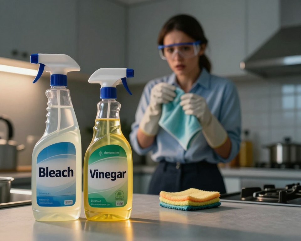 A visually striking split image depicting the dangers of mixing household cleaners, with a foreground featuring a close-up of two clear spray bottles labeled "Bleach" and "Vinegar," positioned ominously on a kitchen counter. In the middle ground, a concerned person in professional attire, wearing gloves and safety glasses, hesitantly holding a cleaning cloth, symbolizing caution. The background showcases a cluttered but clean kitchen environment, softly lit to create a tense atmosphere, highlighting a contrasting warm light on the bottles and cool light on the person, emphasizing the potential hazards. The scene conveys a sense of urgency and caution while maintaining a safe and informative aesthetic. A visually striking split image depicting the dangers of mixing household cleaners, with a foreground featuring a close-up of two clear spray bottles labeled "Bleach" and "Vinegar," positioned ominously on a kitchen counter. In the middle ground, a concerned person in professional attire, wearing gloves and safety glasses, hesitantly holding a cleaning cloth, symbolizing caution. The background showcases a cluttered but clean kitchen environment, softly lit to create a tense atmosphere, highlighting a contrasting warm light on the bottles and cool light on the person, emphasizing the potential hazards. The scene conveys a sense of urgency and caution while maintaining a safe and informative aesthetic.