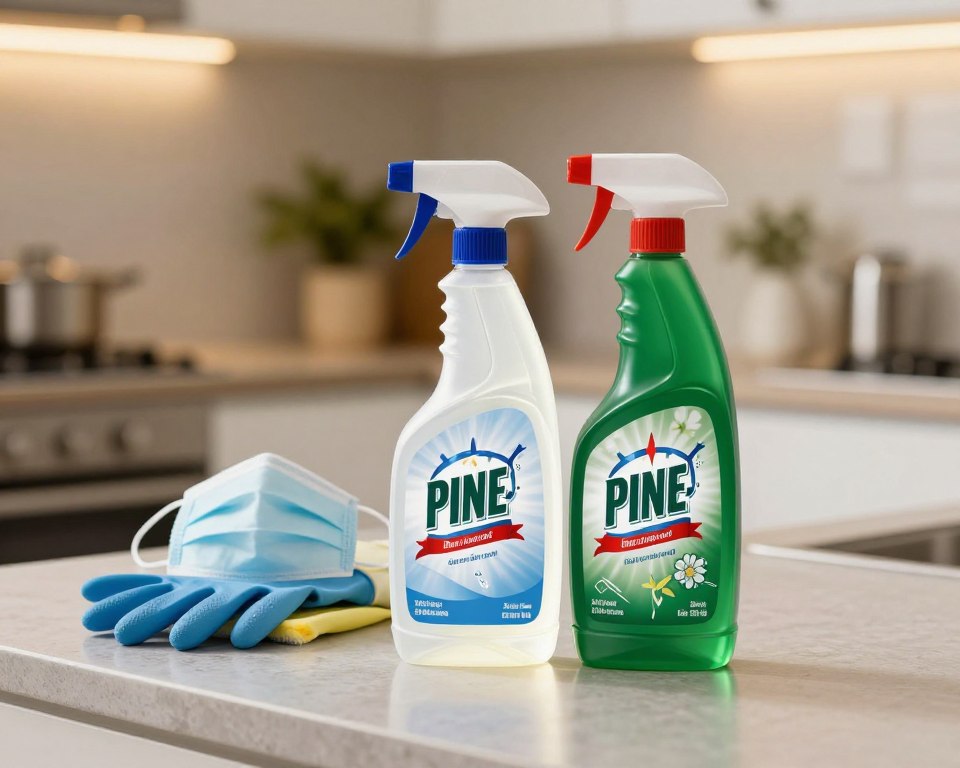 A visually striking still life composition featuring two contrasting cleaning products: a bottle of bleach and a bottle of Pine-Sol, elegantly arranged on a kitchen counter. In the foreground, the bleach bottle, glowing with a bright white label, stands opposite the deep green Pine-Sol bottle, which has a floral design. The middle ground showcases a pair of rubber gloves and a safety mask, emphasizing safety precautions. The background features a softly blurred kitchen setting with warm, inviting lighting, creating a clean and tidy atmosphere. The scene captures a sense of caution and intrigue, highlighting the important theme of safety when mixing household cleaners without causing any harmful reactions. The angle is slightly elevated, providing a clear view of the products and their surroundings, while maintaining an air of professionalism and cleanliness.