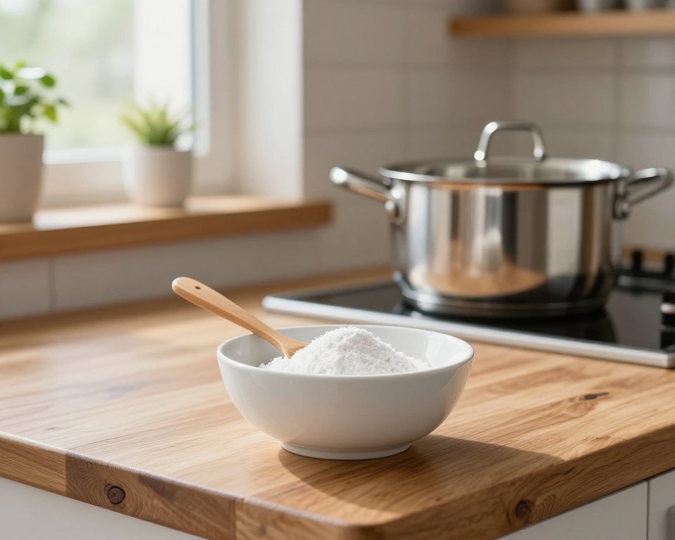 A visually striking still life composition showcasing Bar Keepers Friend cleaning powder on a rustic wooden kitchen counter. In the foreground, a pristine white ceramic bowl contains a small amount of the powder, with a wooden spoon resting beside it. The middle ground features sparkling clean kitchen utensils and a shiny stainless steel pot, reflecting the soft natural light pouring in from a nearby window. In the background, subtle hints of a cozy kitchen scene with green plants and warm wooden shelves create a welcoming atmosphere. The lighting is bright yet gentle, evoking a sense of cleanliness and safety. The overall mood is positive and reassuring, emphasizing the household's safe cleaning practices. A visually striking still life composition showcasing Bar Keepers Friend cleaning powder on a rustic wooden kitchen counter. In the foreground, a pristine white ceramic bowl contains a small amount of the powder, with a wooden spoon resting beside it. The middle ground features sparkling clean kitchen utensils and a shiny stainless steel pot, reflecting the soft natural light pouring in from a nearby window. In the background, subtle hints of a cozy kitchen scene with green plants and warm wooden shelves create a welcoming atmosphere. The lighting is bright yet gentle, evoking a sense of cleanliness and safety. The overall mood is positive and reassuring, emphasizing the household's safe cleaning practices.