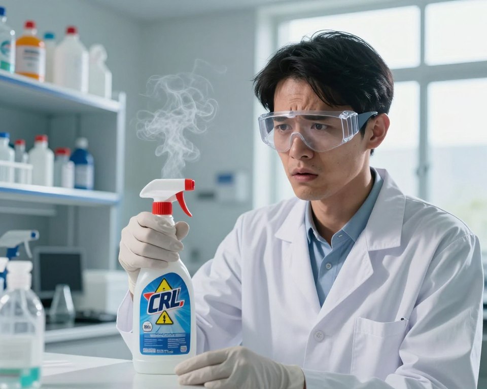A vivid illustration of a toxic exposure scenario with CLR cleaner, showcasing a close-up of a nervous professional in a clean white lab coat standing in a bright, sterile laboratory. The foreground reveals the individual’s concerned facial expression, highlighting their protective goggles and gloves. The middle layer features a partially opened CLR cleaner bottle with a caution label, releasing wisps of vapor that create a visible hazard symbol. In the background, shelves stacked with cleaning supplies and a large window permit natural light, casting sharp shadows that emphasize the seriousness of the situation. The atmosphere is tense, with a clinical, slightly alarming feel, underscoring the immediate health risks associated with accidental exposure to the cleaner. A vivid illustration of a toxic exposure scenario with CLR cleaner, showcasing a close-up of a nervous professional in a clean white lab coat standing in a bright, sterile laboratory. The foreground reveals the individual’s concerned facial expression, highlighting their protective goggles and gloves. The middle layer features a partially opened CLR cleaner bottle with a caution label, releasing wisps of vapor that create a visible hazard symbol. In the background, shelves stacked with cleaning supplies and a large window permit natural light, casting sharp shadows that emphasize the seriousness of the situation. The atmosphere is tense, with a clinical, slightly alarming feel, underscoring the immediate health risks associated with accidental exposure to the cleaner.