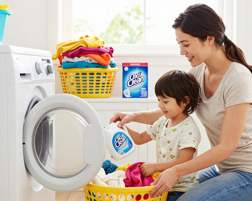A warm and inviting laundry room scene depicting a mother and her young child safely using OxiClean products. In the foreground, the mother, wearing modest casual clothing, is smiling as she gently pours OxiClean powder into a washing machine, surrounded by bright, cheerful colors. The child, dressed in a playful yet appropriate outfit, happily helps by sorting laundry. In the middle ground, neatly folded baskets of vibrant clothes and a box of OxiClean sit prominently, emphasizing safety and cleanliness. The background features soft, natural light streaming through a window, creating a bright and airy atmosphere. Overall, the scene should evoke a sense of family togetherness, safety, and the joy of doing laundry. A warm and inviting laundry room scene depicting a mother and her young child safely using OxiClean products. In the foreground, the mother, wearing modest casual clothing, is smiling as she gently pours OxiClean powder into a washing machine, surrounded by bright, cheerful colors. The child, dressed in a playful yet appropriate outfit, happily helps by sorting laundry. In the middle ground, neatly folded baskets of vibrant clothes and a box of OxiClean sit prominently, emphasizing safety and cleanliness. The background features soft, natural light streaming through a window, creating a bright and airy atmosphere. Overall, the scene should evoke a sense of family togetherness, safety, and the joy of doing laundry.