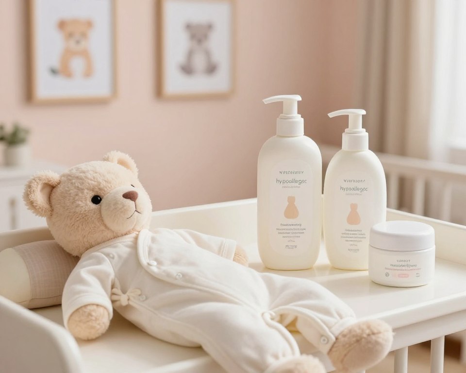 A warm and inviting nursery scene illustrating the delicate nature of baby skin sensitivity. In the foreground, a soft cotton onesie draped gently over a plush stuffed animal, both shown with soft textures and pastel colors. In the middle ground, a set of gentle, natural skincare products designed for babies, like hypoallergenic lotion and soothing cream, arranged artfully on a changing table. The background showcases a softly lit room with soothing pastel walls and calming decorations, like framed art of baby animals. The lighting is soft and diffused, evoking a sense of safety and tranquility, with a focus on warmth and nurturing. Aim for a serene atmosphere that emphasizes the tender care needed for a baby's sensitive skin. A warm and inviting nursery scene illustrating the delicate nature of baby skin sensitivity. In the foreground, a soft cotton onesie draped gently over a plush stuffed animal, both shown with soft textures and pastel colors. In the middle ground, a set of gentle, natural skincare products designed for babies, like hypoallergenic lotion and soothing cream, arranged artfully on a changing table. The background showcases a softly lit room with soothing pastel walls and calming decorations, like framed art of baby animals. The lighting is soft and diffused, evoking a sense of safety and tranquility, with a focus on warmth and nurturing. Aim for a serene atmosphere that emphasizes the tender care needed for a baby's sensitive skin.