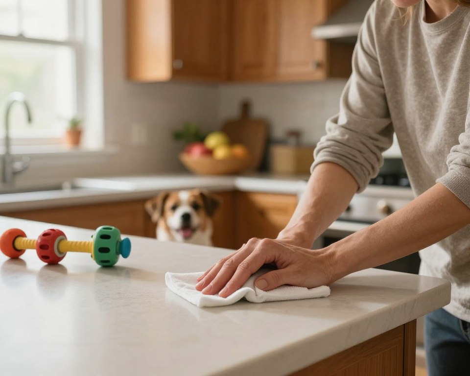 A warm, inviting kitchen scene showcasing a person in modest casual clothing using Clorox disinfecting wipes to clean a countertop. In the foreground, the person is gently wiping the surface with a Clorox wipe, their focused expression highlighting a sense of care for their home. The middle ground features a few pet toys and a small, happy dog nearby, conveying a household that prioritizes both cleanliness and pet safety. The background includes cozy kitchen elements like wooden cabinets, a bowl of fruit, and warm lighting, creating an atmosphere of comfort and diligence in hygiene. Soft natural light filters in from a window, enhancing the fresh and clean feeling of the environment. A warm, inviting kitchen scene showcasing a person in modest casual clothing using Clorox disinfecting wipes to clean a countertop. In the foreground, the person is gently wiping the surface with a Clorox wipe, their focused expression highlighting a sense of care for their home. The middle ground features a few pet toys and a small, happy dog nearby, conveying a household that prioritizes both cleanliness and pet safety. The background includes cozy kitchen elements like wooden cabinets, a bowl of fruit, and warm lighting, creating an atmosphere of comfort and diligence in hygiene. Soft natural light filters in from a window, enhancing the fresh and clean feeling of the environment.