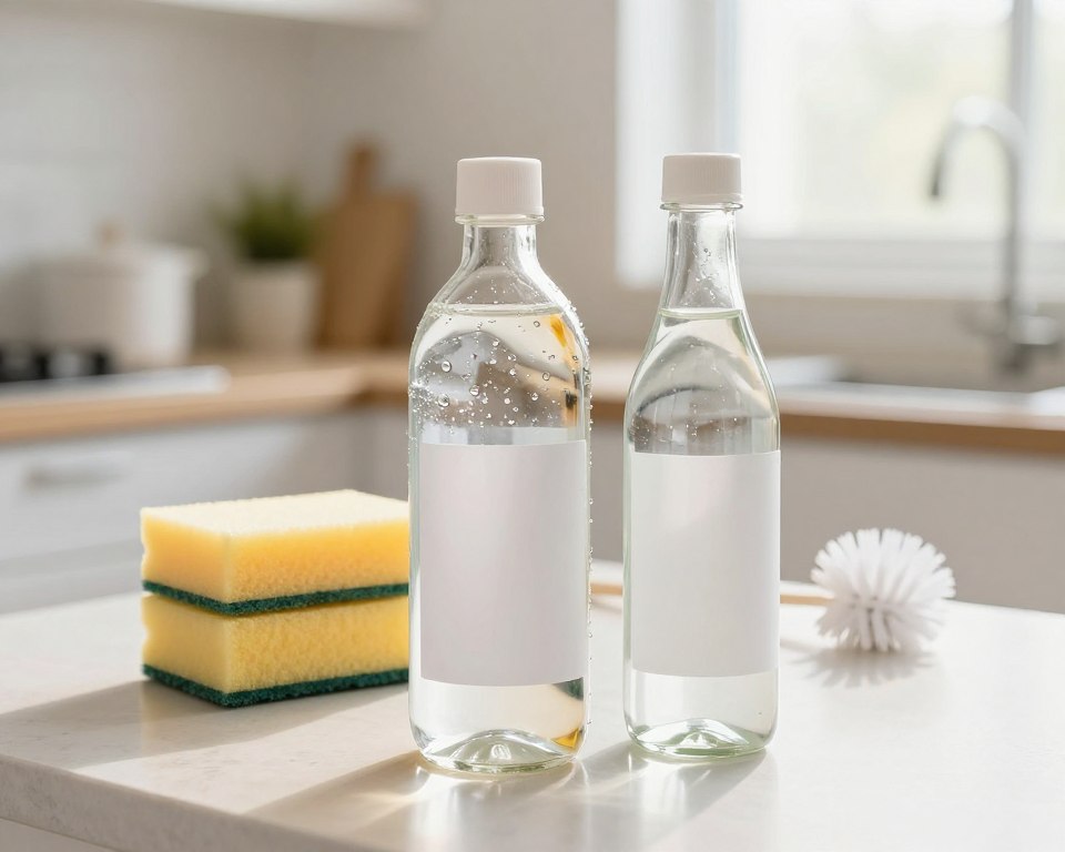 A well-lit, clean kitchen countertop in a bright, inviting home, showcasing two clear glass bottles filled with hydrogen peroxide and vinegar, respectively. The foreground features the bottles with polished, minimalist labels and droplets of the liquids glistening in the light. In the middle ground, a set of clean, neatly stacked sponges and scrubbing brushes add an essence of cleanliness. The background shows a softly blurred kitchen scene, emphasizing a tidy environment with natural sunlight streaming through a window, creating a warm atmosphere. The mood conveys freshness and simplicity, perfectly illustrating the cleaning power of these two substances. Use a 35mm lens with a slight depth of field for focus on the bottles and tools, ensuring an uplifting, professional look. A well-lit, clean kitchen countertop in a bright, inviting home, showcasing two clear glass bottles filled with hydrogen peroxide and vinegar, respectively. The foreground features the bottles with polished, minimalist labels and droplets of the liquids glistening in the light. In the middle ground, a set of clean, neatly stacked sponges and scrubbing brushes add an essence of cleanliness. The background shows a softly blurred kitchen scene, emphasizing a tidy environment with natural sunlight streaming through a window, creating a warm atmosphere. The mood conveys freshness and simplicity, perfectly illustrating the cleaning power of these two substances. Use a 35mm lens with a slight depth of field for focus on the bottles and tools, ensuring an uplifting, professional look.