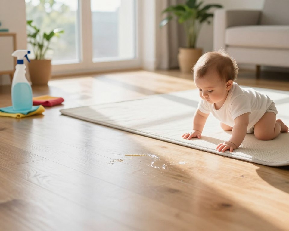 A well-lit, clean room featuring a shiny wooden floor, with soft, natural sunlight streaming in through a large window. In the foreground, a curious baby is exploring the floor, crawling on a soft play mat. The middle ground showcases subtle traces of cleaning product residues on the floor, glistening softly in the sunlight, while colorful cleaning tools like a spray bottle and a cloth can be seen nearby, indicating recent cleaning. In the background, there are potted plants and safe, child-friendly furniture, creating a cozy atmosphere. The overall mood is gentle and inviting, encouraging a sense of care for the baby’s safety. The image should have a warm color palette and a slight depth of field, focusing on the baby and cleaning residues, with soft bokeh in the background. A well-lit, clean room featuring a shiny wooden floor, with soft, natural sunlight streaming in through a large window. In the foreground, a curious baby is exploring the floor, crawling on a soft play mat. The middle ground showcases subtle traces of cleaning product residues on the floor, glistening softly in the sunlight, while colorful cleaning tools like a spray bottle and a cloth can be seen nearby, indicating recent cleaning. In the background, there are potted plants and safe, child-friendly furniture, creating a cozy atmosphere. The overall mood is gentle and inviting, encouraging a sense of care for the baby’s safety. The image should have a warm color palette and a slight depth of field, focusing on the baby and cleaning residues, with soft bokeh in the background.