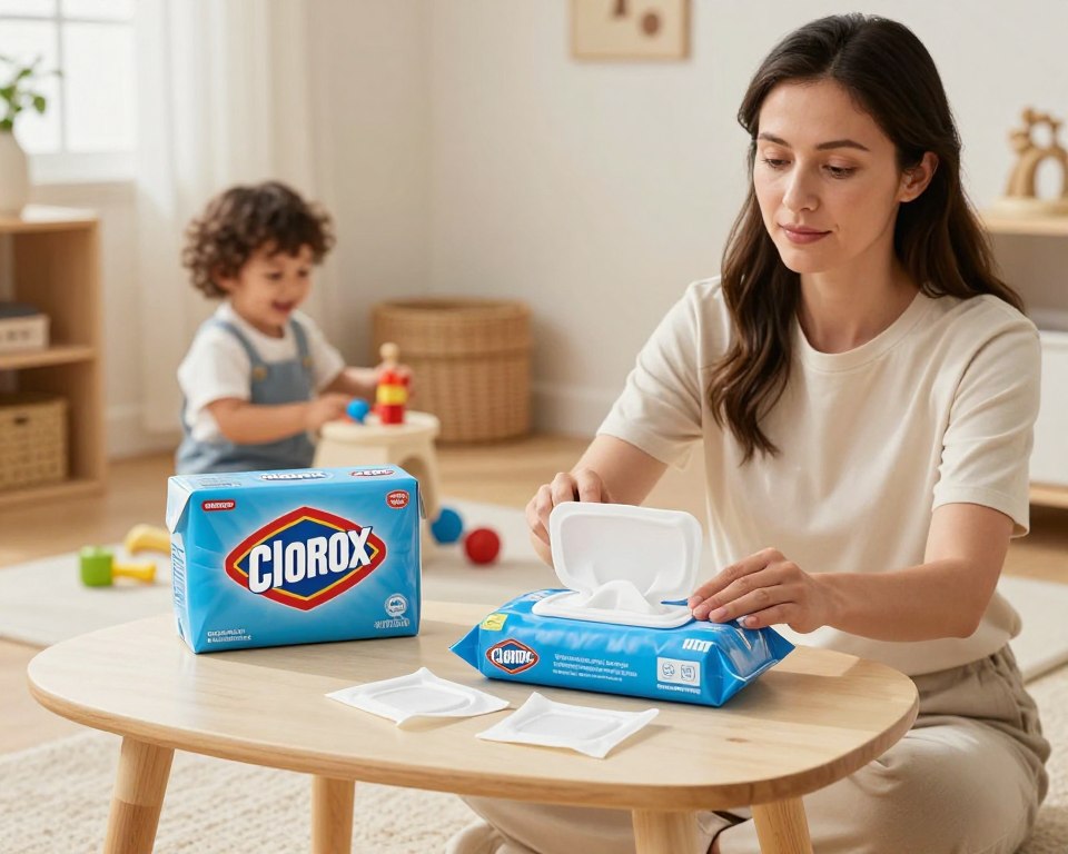 A well-lit, cozy home environment showcasing the best practices for using Clorox disinfecting wipes, with a focus on safety around children. In the foreground, a woman dressed in modest casual clothing is engaged in cleaning a child’s play area, her expression calm and focused. In the middle, Clorox wipes are prominently displayed on a nearby table, with a few opened wipes demonstrating their use. In the background, a playful, cheerful child is safely occupied with toys, illustrating a child-friendly space. Soft, natural lighting from a nearby window fills the room, creating a warm and inviting atmosphere. The angle is slightly elevated to capture the whole scene, emphasizing safety and cleanliness in the home. A well-lit, cozy home environment showcasing the best practices for using Clorox disinfecting wipes, with a focus on safety around children. In the foreground, a woman dressed in modest casual clothing is engaged in cleaning a child’s play area, her expression calm and focused. In the middle, Clorox wipes are prominently displayed on a nearby table, with a few opened wipes demonstrating their use. In the background, a playful, cheerful child is safely occupied with toys, illustrating a child-friendly space. Soft, natural lighting from a nearby window fills the room, creating a warm and inviting atmosphere. The angle is slightly elevated to capture the whole scene, emphasizing safety and cleanliness in the home.