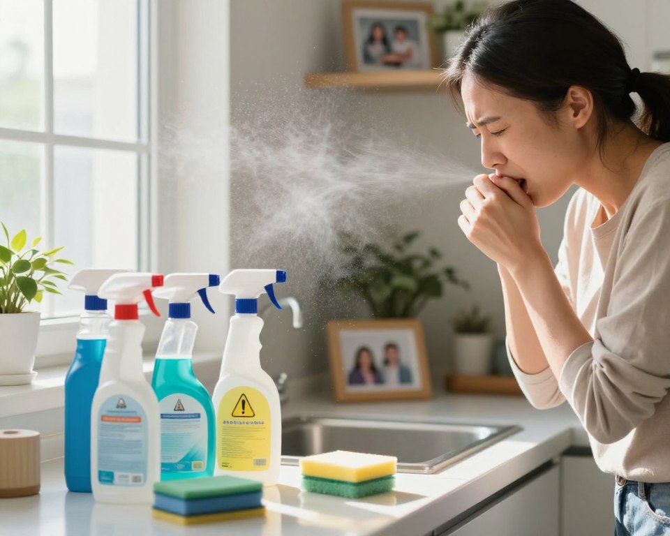 A well-lit, home interior scene focusing on a kitchen countertop cluttered with various household cleaning products, such as sprays and bottles, some with visible warning labels. In the foreground, a concerned adult wearing a modest casual outfit, covering their mouth with their hand, showing signs of discomfort like coughing or a sore throat. In the middle ground, a diffused spray of cleaning product particles is gently illuminated by natural light coming through a nearby window, creating an awareness of airborne chemicals. The background subtly includes a soft-focus view of a family photo and house plants, symbolizing home and health. The mood is tense yet informative, underscoring the impact of household cleaners on respiratory issues. A well-lit, home interior scene focusing on a kitchen countertop cluttered with various household cleaning products, such as sprays and bottles, some with visible warning labels. In the foreground, a concerned adult wearing a modest casual outfit, covering their mouth with their hand, showing signs of discomfort like coughing or a sore throat. In the middle ground, a diffused spray of cleaning product particles is gently illuminated by natural light coming through a nearby window, creating an awareness of airborne chemicals. The background subtly includes a soft-focus view of a family photo and house plants, symbolizing home and health. The mood is tense yet informative, underscoring the impact of household cleaners on respiratory issues.