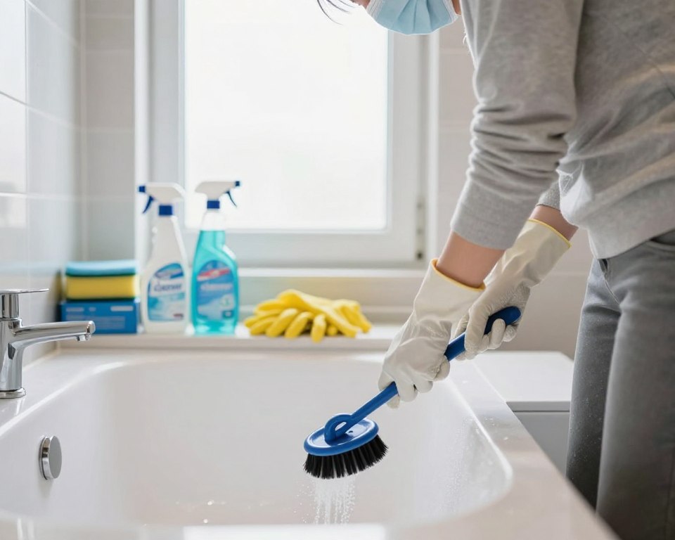 A well-lit indoor bathroom scene focusing on household cleaning safety. In the foreground, a person wearing modest casual clothing, such as a long-sleeve shirt and pants, is using a scrubbing brush on a bathtub, wearing protective gloves and a mask to emphasize safety. In the middle ground, a variety of cleaning supplies are neatly organized on a countertop, including a spray bottle labeled "cleaner," rubber gloves, and a box of cleaning sponges. The background features bright, natural light streaming in from a window, creating a clean and inviting atmosphere. The overall mood is one of responsibility and safety, highlighting the importance of using personal protective equipment while cleaning. Use a wide-angle lens effect to capture the entire space effectively. A well-lit indoor bathroom scene focusing on household cleaning safety. In the foreground, a person wearing modest casual clothing, such as a long-sleeve shirt and pants, is using a scrubbing brush on a bathtub, wearing protective gloves and a mask to emphasize safety. In the middle ground, a variety of cleaning supplies are neatly organized on a countertop, including a spray bottle labeled "cleaner," rubber gloves, and a box of cleaning sponges. The background features bright, natural light streaming in from a window, creating a clean and inviting atmosphere. The overall mood is one of responsibility and safety, highlighting the importance of using personal protective equipment while cleaning. Use a wide-angle lens effect to capture the entire space effectively.