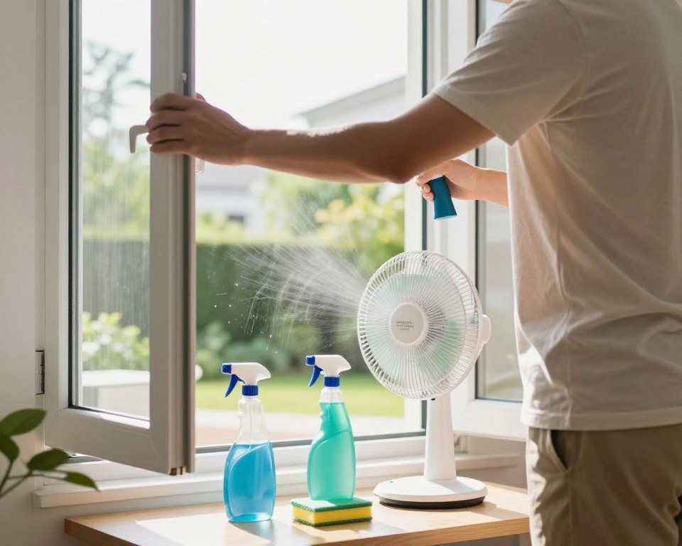 A well-lit indoor cleaning scene illustrating proper ventilation techniques. In the foreground, a person dressed in modest casual clothing is opening a window wide, allowing fresh air to circulate. The middle layer features cleaning supplies on a table, with a fan positioned towards the window to promote airflow. In the background, a bright, airy room with a clear view of the outdoors showcases a lush garden, emphasizing the importance of fresh air. Natural light streams in, creating a welcoming atmosphere. The angle should be slightly below eye level, capturing the person’s actions and the open window simultaneously. The image conveys a sense of safety and responsibility in household cleaning, highlighting the importance of ventilating the space effectively.