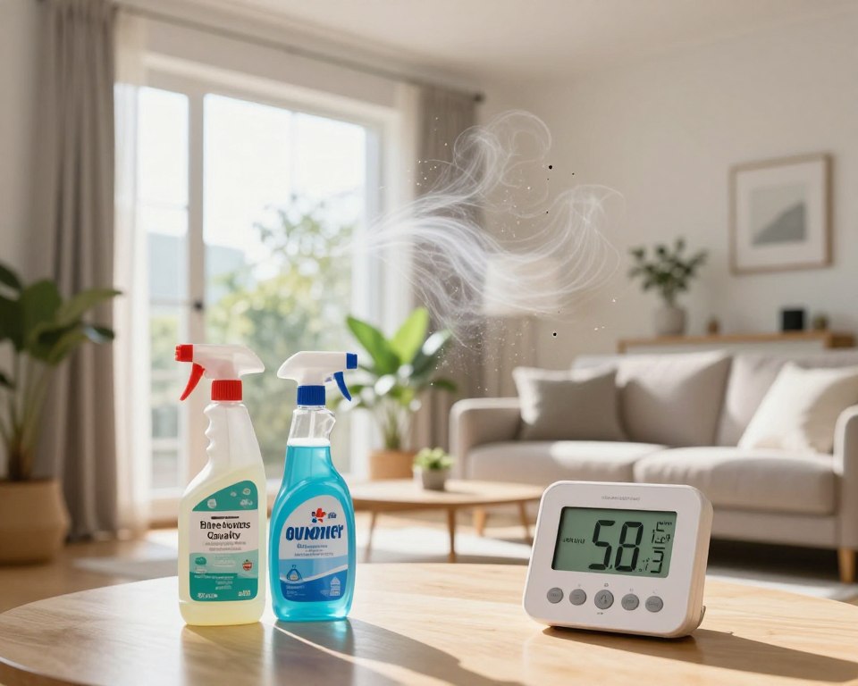 A well-lit indoor scene illustrating the concept of indoor air quality, focusing on a modern living room with a large window partially open. In the foreground, a table holds chemical cleaning products, with labels clearly indicating their contents, alongside an air quality monitor displaying fluctuating levels. In the middle ground, a plush sofa and potted plants symbolize the effort to balance cleanliness and air quality. The background features an abstract representation of air particles and pollutants swirling gently in the atmosphere, contrasted by bright sunlight streaming through the window, creating a warm and inviting atmosphere. The scene conveys a sense of both caution and reassurance, highlighting the importance of ventilation while cleaning. Use a wide-angle lens perspective for depth, ensuring clear visibility of the details.