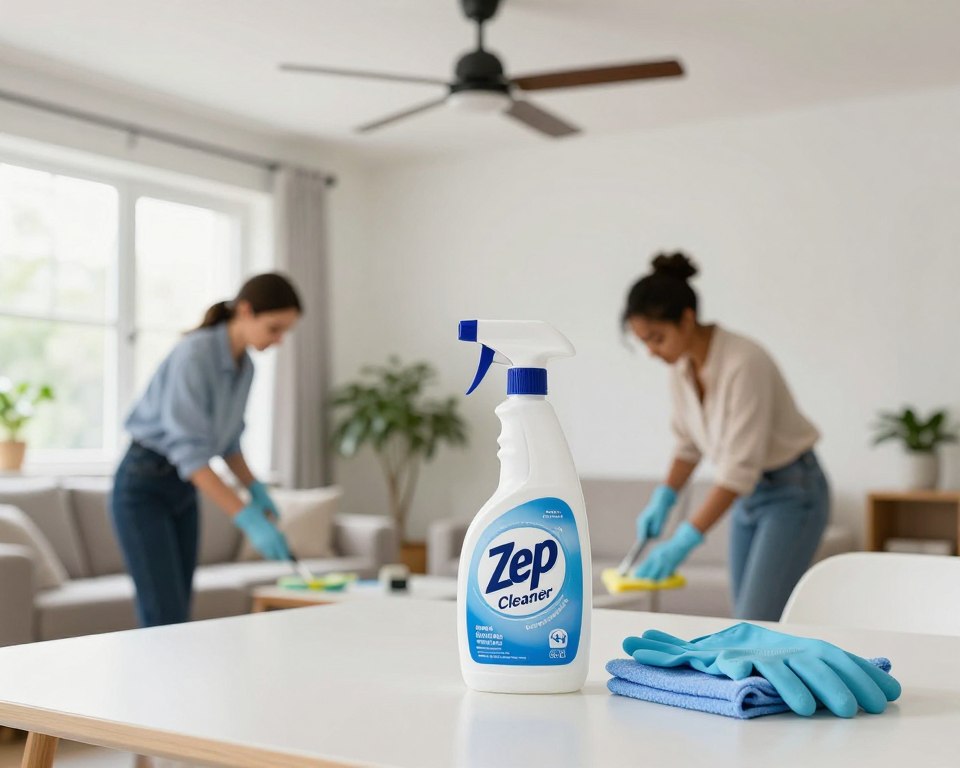 A well-lit indoor scene showcasing a tidy living room with an emphasis on safety while using Zep Cleaner. In the foreground, a bottle of Zep Cleaner is placed prominently on a clean table, surrounded by safety gloves and a microfiber cloth. In the middle ground, a diverse group of two individuals—one wearing professional business attire and the other in modest casual clothing—are carefully cleaning a surface, demonstrating proper ventilation techniques. Windows are open, allowing fresh air to enter, and a ceiling fan is visibly spinning overhead to enhance airflow. Soft natural light pours in, creating an inviting and safe atmosphere. The background features a bright, airy space with plants, emphasizing cleanliness and freshness, while avoiding any visible distractions. The overall mood conveys safety and responsibility in home cleaning practices. A well-lit indoor scene showcasing a tidy living room with an emphasis on safety while using Zep Cleaner. In the foreground, a bottle of Zep Cleaner is placed prominently on a clean table, surrounded by safety gloves and a microfiber cloth. In the middle ground, a diverse group of two individuals—one wearing professional business attire and the other in modest casual clothing—are carefully cleaning a surface, demonstrating proper ventilation techniques. Windows are open, allowing fresh air to enter, and a ceiling fan is visibly spinning overhead to enhance airflow. Soft natural light pours in, creating an inviting and safe atmosphere. The background features a bright, airy space with plants, emphasizing cleanliness and freshness, while avoiding any visible distractions. The overall mood conveys safety and responsibility in home cleaning practices.