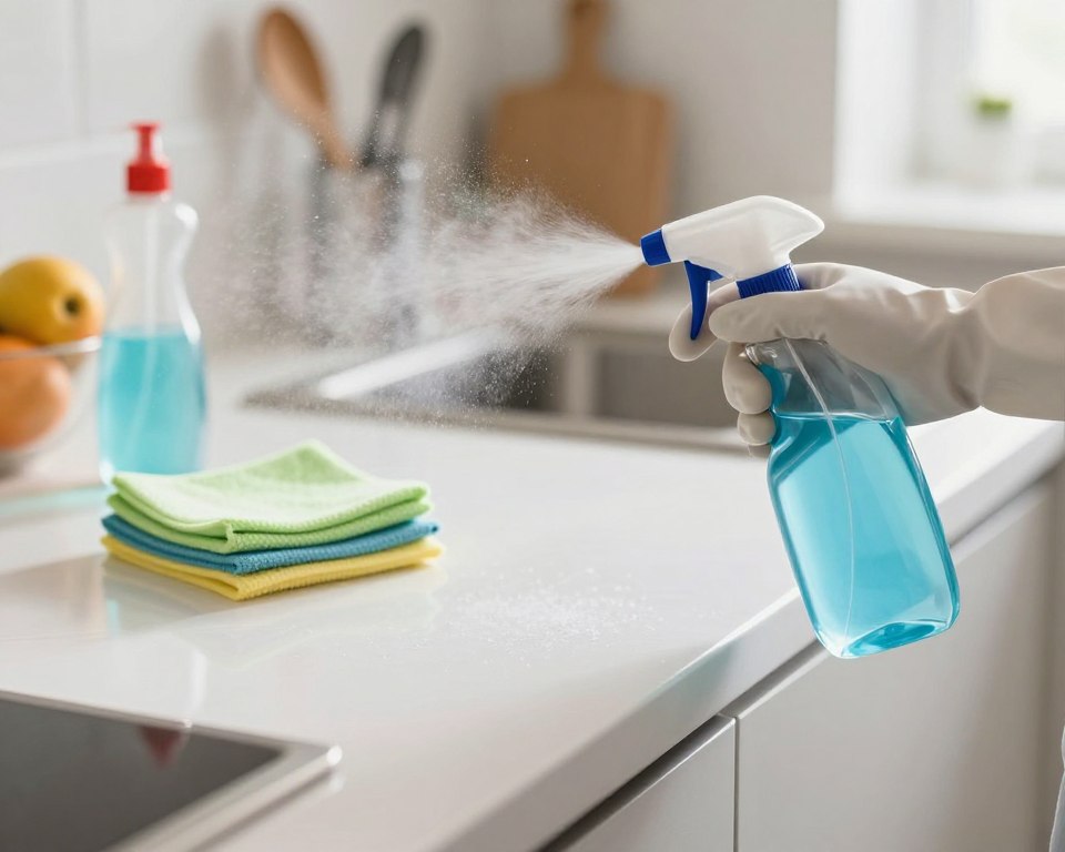 A well-lit kitchen countertop scene featuring a clean, organized workspace. In the foreground, a pair of hands in professional gloves is holding a bottle of disinfectant spray, with a fine mist visibly dispersing into the air. In the middle ground, a disinfected surface gleams under soft, natural lighting, showcasing a few cleaning cloths neatly arranged beside a bottle of disinfectant. The background should include hints of kitchen elements like a fruit bowl and utensils, softly blurred to maintain focus on the disinfection process. The overall atmosphere conveys cleanliness, safety, and a methodical approach to sanitizing surfaces. The composition should be shot at eye level, using a shallow depth of field to emphasize the action of disinfecting without distractions. A well-lit kitchen countertop scene featuring a clean, organized workspace. In the foreground, a pair of hands in professional gloves is holding a bottle of disinfectant spray, with a fine mist visibly dispersing into the air. In the middle ground, a disinfected surface gleams under soft, natural lighting, showcasing a few cleaning cloths neatly arranged beside a bottle of disinfectant. The background should include hints of kitchen elements like a fruit bowl and utensils, softly blurred to maintain focus on the disinfection process. The overall atmosphere conveys cleanliness, safety, and a methodical approach to sanitizing surfaces. The composition should be shot at eye level, using a shallow depth of field to emphasize the action of disinfecting without distractions.