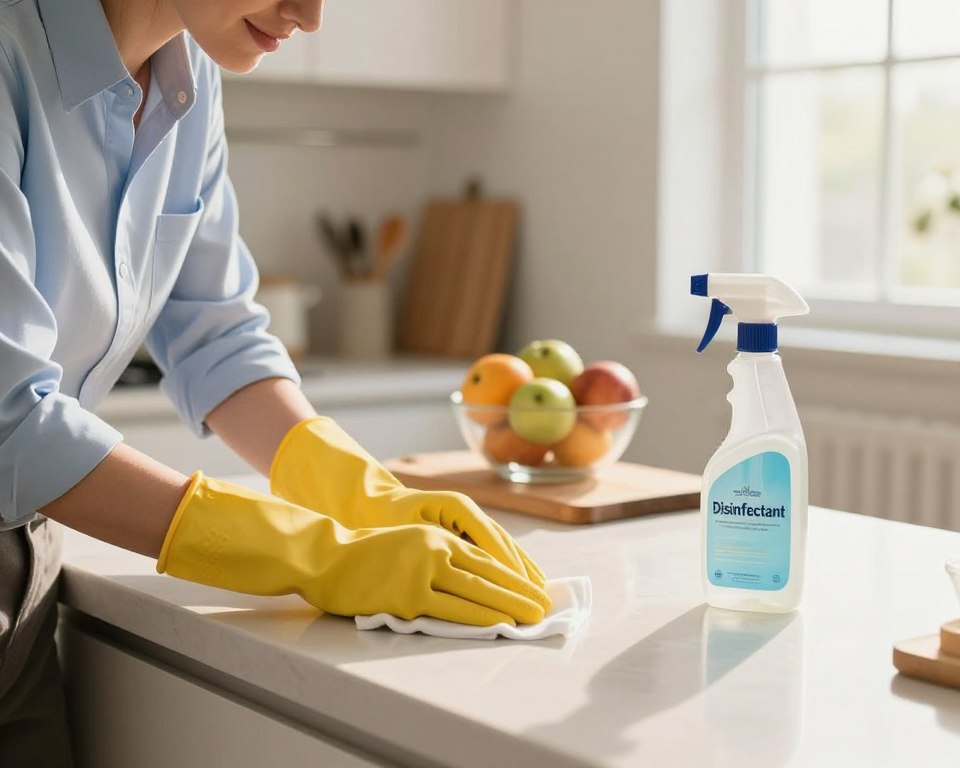 A well-lit kitchen countertop scene showcasing the process of disinfecting surfaces. In the foreground, a professional individual in a neatly pressed shirt and gloves is carefully wiping down the countertop with a disinfectant wipe, their expression focused and determined. A spray bottle labeled "Disinfectant" is nearby, glistening under warm, natural lighting that filters through a window. In the middle, various kitchen tools like a cutting board and fruit bowl are organized yet slightly distant, emphasizing cleanliness. The background features a tidy kitchen with cabinets and a bright atmosphere, suggesting a fresh and sanitary environment. The overall mood is one of cleanliness, healthiness, and order, inviting viewers to understand the importance of disinfecting kitchen surfaces. A well-lit kitchen countertop scene showcasing the process of disinfecting surfaces. In the foreground, a professional individual in a neatly pressed shirt and gloves is carefully wiping down the countertop with a disinfectant wipe, their expression focused and determined. A spray bottle labeled "Disinfectant" is nearby, glistening under warm, natural lighting that filters through a window. In the middle, various kitchen tools like a cutting board and fruit bowl are organized yet slightly distant, emphasizing cleanliness. The background features a tidy kitchen with cabinets and a bright atmosphere, suggesting a fresh and sanitary environment. The overall mood is one of cleanliness, healthiness, and order, inviting viewers to understand the importance of disinfecting kitchen surfaces.