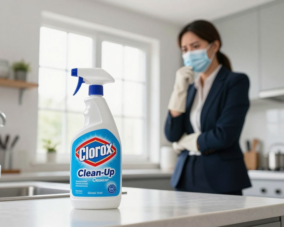 A well-lit kitchen interior featuring a bottle of Clorox Clean-Up Cleaner with Bleach prominently displayed on a clean countertop. In the foreground, the label on the bottle is clearly visible, emphasizing its active ingredients. In the middle ground, a concerned person, dressed in professional business attire, is wearing gloves and a mask while contemplating the cleaner, highlighting the theme of safety. The background shows a sunny window with light filtering in, creating a bright and inviting atmosphere while also suggesting caution. Use a slightly angled perspective to capture the interaction between the person and the cleaner, with soft focus on the surroundings to draw attention to the focal points of concern and cleanliness. A well-lit kitchen interior featuring a bottle of Clorox Clean-Up Cleaner with Bleach prominently displayed on a clean countertop. In the foreground, the label on the bottle is clearly visible, emphasizing its active ingredients. In the middle ground, a concerned person, dressed in professional business attire, is wearing gloves and a mask while contemplating the cleaner, highlighting the theme of safety. The background shows a sunny window with light filtering in, creating a bright and inviting atmosphere while also suggesting caution. Use a slightly angled perspective to capture the interaction between the person and the cleaner, with soft focus on the surroundings to draw attention to the focal points of concern and cleanliness.