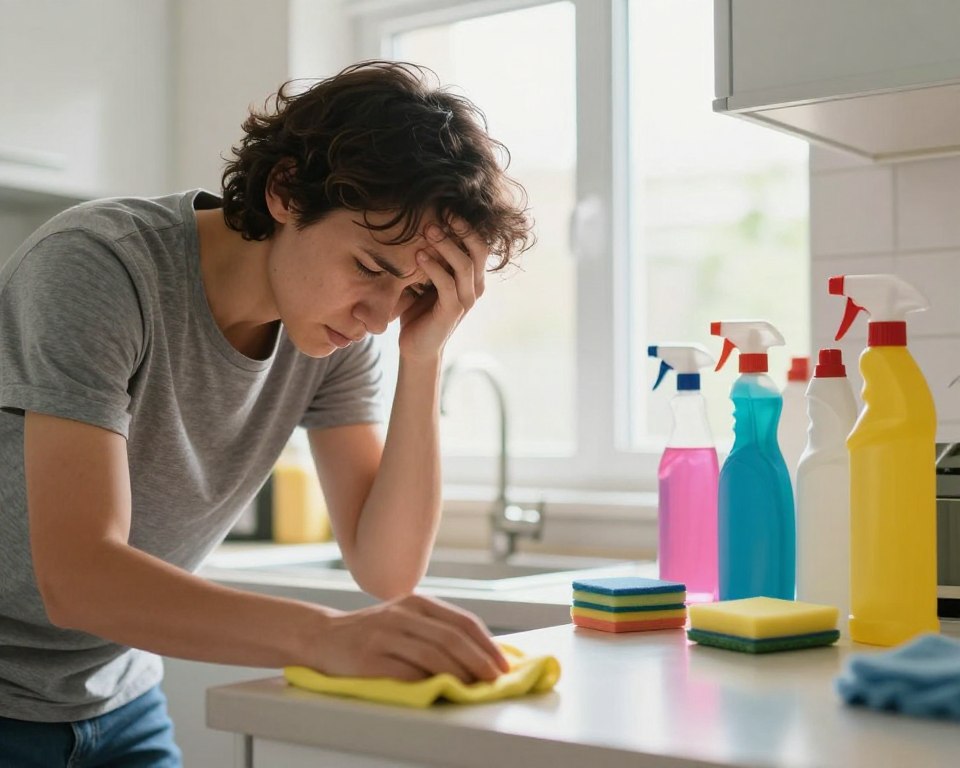 A well-lit kitchen scene showcasing a person in modest casual clothing, appearing disoriented and slightly hunched over while cleaning surfaces with various household cleaning products. The foreground features the individual, with their facial expression conveying dizziness and confusion. In the middle ground, an open cabinet reveals brightly colored cleaning supplies, with some bottles prominently displayed to highlight their potential toxins. The background features a sunny window, casting soft light that contrasts with the clutter of cleaning materials, emphasizing an unsettling atmosphere. The overall mood should evoke concern and awareness of the impact of chemical fumes, using a shallow depth of field to keep the focus on the individual and the cleaning products. A well-lit kitchen scene showcasing a person in modest casual clothing, appearing disoriented and slightly hunched over while cleaning surfaces with various household cleaning products. The foreground features the individual, with their facial expression conveying dizziness and confusion. In the middle ground, an open cabinet reveals brightly colored cleaning supplies, with some bottles prominently displayed to highlight their potential toxins. The background features a sunny window, casting soft light that contrasts with the clutter of cleaning materials, emphasizing an unsettling atmosphere. The overall mood should evoke concern and awareness of the impact of chemical fumes, using a shallow depth of field to keep the focus on the individual and the cleaning products.