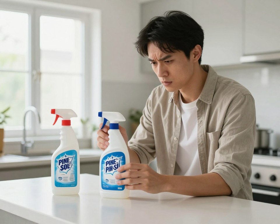 A well-lit kitchen scene showcasing a professional-looking individual in modest casual clothing, standing near a countertop filled with cleaning supplies, including a bottle of bleach and a bottle of Pine-Sol, prominently displayed but positioned safely apart from each other. The person is carefully examining a hazard symbol on the bleach bottle, with a concerned expression, illustrating a moment of caution. The background features a clean and organized kitchen with a window allowing natural light to filter through, creating a bright yet serious atmosphere. The angle is slightly elevated, providing a clear view of the countertop and the person's careful actions, symbolizing the importance of avoiding chemical reactions. The overall mood conveys a sense of urgency and safety awareness without any distractions or text.