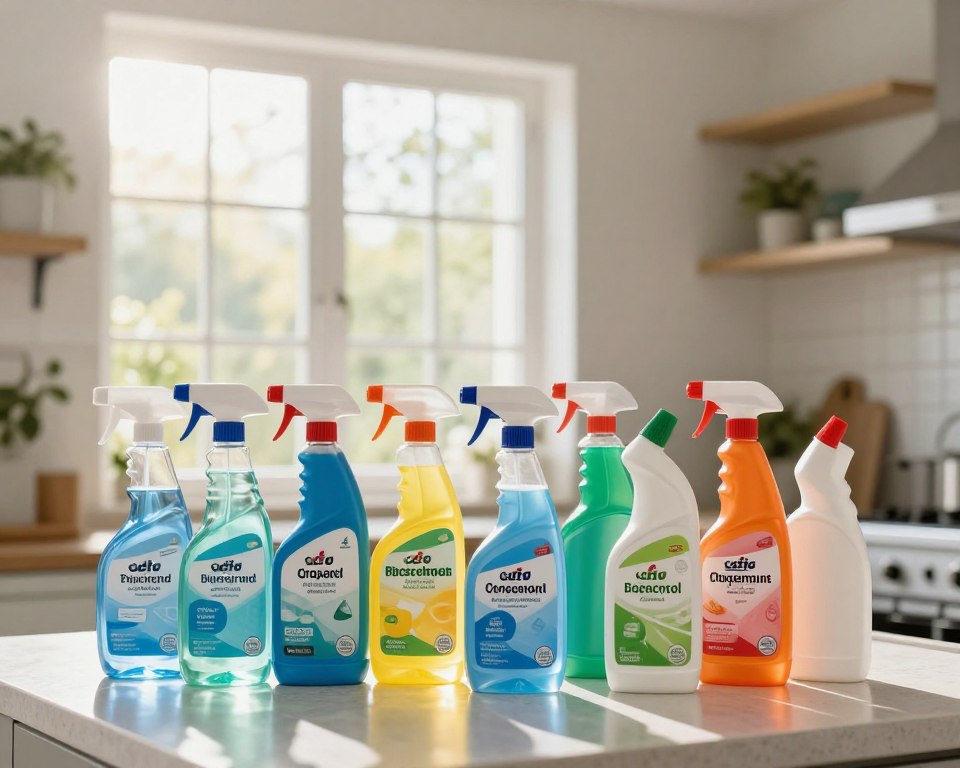 A well-lit kitchen scene showcasing an array of common household cleaning products, such as spray bottles, cleaners, and disinfectants, neatly arranged on a countertop. The foreground features these products in clear, labeled containers with vibrant, captivating colors that highlight their contents. In the middle, there's a safety guide visible, promoting awareness of volatile organic compounds (VOCs) associated with these products. The background reveals a serene home environment with a large, open window, slightly ajar, allowing rays of sunlight to filter through, signifying fresh air. The atmosphere is informative yet calming, with soft, natural light enhancing the overall safety and hygiene theme. The angle captures both the products and the inviting kitchen ambiance in a cohesive composition.