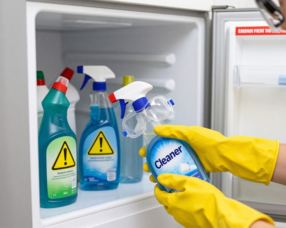 A well-lit kitchen scene showcasing various household cleaning products like bleach and ammonia, visually contrasting with bright warning symbols indicating danger. In the foreground, a pair of gloved hands wearing protective goggles cautiously reach for a bottle labeled "Cleaner." The middle ground features an open cabinet filled with colorful bottles, some tipped over, emphasizing disorder and caution. The background reveals an emergency number prominently displayed on the refrigerator, adding a sense of urgency. The lighting is bright, illuminating the scene to create a tense but clear atmosphere, highlighting the potential risks associated with mixing chemicals. The image should capture the seriousness of the situation while remaining professional and informative.