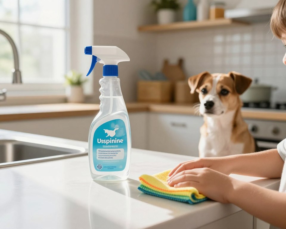 A well-lit kitchen setting focused on a countertop where a spray bottle of disinfectant is prominently placed, showcasing its label clearly. In the foreground, a pair of small hands (belonging to a child) cautiously reach towards a colorful cleaning cloth, while a curious pet, a small dog or cat, sits attentively nearby. In the middle ground, hints of a sparkling clean kitchen, with sunlight streaming in through a window, casting soft shadows. The background features neatly organized shelves with cleaning supplies, emphasizing safety. The mood is calm and educational, illustrating the importance of careful disinfectant usage to protect pets and children from residual chemicals. The imagery should use natural colors and warm lighting to create a friendly atmosphere, captured at a slight angle to engage the viewer’s attention.