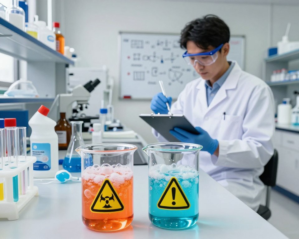 A well-lit laboratory scene showcasing hazardous chemical reactions to avoid when using bleach. In the foreground, display a pair of chemical beakers with brightly colored, bubbling substances that illustrate dangerous interactions, such as bleach and ammonia, depicted with warning signs. In the middle, include a scientist in a professional lab coat and safety goggles, meticulously observing the reactions while taking notes. The background should feature a cluttered workbench filled with various cleaning agents, chemical formulas on a whiteboard, and safety equipment like gloves and masks. The scene should have a serious and educational atmosphere, with bright but slightly ominous lighting creating a sense of caution and urgency. Utilize a wide-angle lens to capture both the details of the reactions and the environment. A well-lit laboratory scene showcasing hazardous chemical reactions to avoid when using bleach. In the foreground, display a pair of chemical beakers with brightly colored, bubbling substances that illustrate dangerous interactions, such as bleach and ammonia, depicted with warning signs. In the middle, include a scientist in a professional lab coat and safety goggles, meticulously observing the reactions while taking notes. The background should feature a cluttered workbench filled with various cleaning agents, chemical formulas on a whiteboard, and safety equipment like gloves and masks. The scene should have a serious and educational atmosphere, with bright but slightly ominous lighting creating a sense of caution and urgency. Utilize a wide-angle lens to capture both the details of the reactions and the environment.