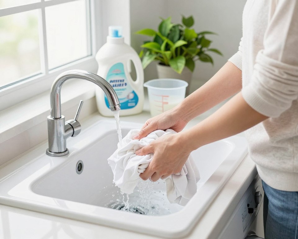 A well-lit, modern laundry room scene featuring a front-loading washing machine with freshly washed clothes. In the foreground, a person in modest casual clothing is carefully rinsing clothes in a sink, demonstrating the rinsing technique, with close attention to water flow. The middle ground shows a bottle of laundry detergent and a measuring cup placed neatly on a countertop, with a vibrant green plant for a touch of color. In the background, an open window lets in natural light, highlighting the cleanliness and organization of the space. The atmosphere conveys a sense of cleanliness and methodical care, ideal for effective rinsing practices. The image is bright and inviting, showcasing the importance of thorough rinsing in laundry. A well-lit, modern laundry room scene featuring a front-loading washing machine with freshly washed clothes. In the foreground, a person in modest casual clothing is carefully rinsing clothes in a sink, demonstrating the rinsing technique, with close attention to water flow. The middle ground shows a bottle of laundry detergent and a measuring cup placed neatly on a countertop, with a vibrant green plant for a touch of color. In the background, an open window lets in natural light, highlighting the cleanliness and organization of the space. The atmosphere conveys a sense of cleanliness and methodical care, ideal for effective rinsing practices. The image is bright and inviting, showcasing the importance of thorough rinsing in laundry.