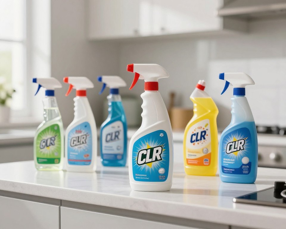 A well-lit, organized kitchen countertop scene showcasing CLR cleaner in comparison to various other household cleaning agents, such as vinegar, baking soda, and hydrogen peroxide. In the foreground, a bottle of CLR stands prominently, design highlighting its sleek, modern design. To the left and right, neatly arranged bottles of the other cleaners display distinct colors and labels for easy identification. The middle layer features a subtle, blurred background of a clean, sunlit kitchen with soft shadows, creating an inviting yet professional atmosphere. The angle is slightly elevated, emphasizing the cleaners’ labels while allowing for a clear view of the countertop. The lighting is bright and natural, suggesting cleanliness and safety, while conveying a scientific comparison feel, making it suitable for an informative article. A well-lit, organized kitchen countertop scene showcasing CLR cleaner in comparison to various other household cleaning agents, such as vinegar, baking soda, and hydrogen peroxide. In the foreground, a bottle of CLR stands prominently, design highlighting its sleek, modern design. To the left and right, neatly arranged bottles of the other cleaners display distinct colors and labels for easy identification. The middle layer features a subtle, blurred background of a clean, sunlit kitchen with soft shadows, creating an inviting yet professional atmosphere. The angle is slightly elevated, emphasizing the cleaners’ labels while allowing for a clear view of the countertop. The lighting is bright and natural, suggesting cleanliness and safety, while conveying a scientific comparison feel, making it suitable for an informative article.