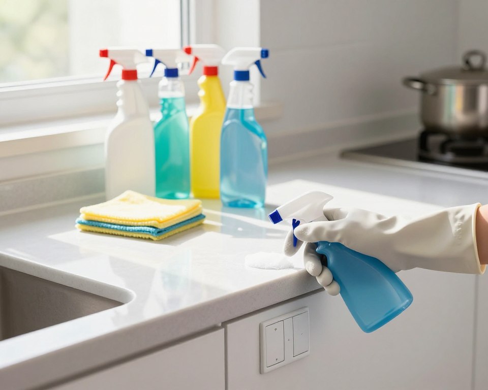 A well-organized and clean kitchen countertop showcasing safe application techniques for household disinfection. In the foreground, a pair of gloved hands gently spraying a disinfectant on high-touch surfaces like knobs, countertops, and light switches. The middle ground features a neatly arranged selection of household cleaning supplies, including spray bottles, microfiber cloths, and gloves, all in a modern, bright color palette. In the background, sunlight streams through a window, illuminating the scene and creating a warm, inviting atmosphere. The kitchen is tidy and minimalistic, emphasizing hygiene and cleanliness, with soft focus on unnecessary details to maintain clarity. A well-organized and clean kitchen countertop showcasing safe application techniques for household disinfection. In the foreground, a pair of gloved hands gently spraying a disinfectant on high-touch surfaces like knobs, countertops, and light switches. The middle ground features a neatly arranged selection of household cleaning supplies, including spray bottles, microfiber cloths, and gloves, all in a modern, bright color palette. In the background, sunlight streams through a window, illuminating the scene and creating a warm, inviting atmosphere. The kitchen is tidy and minimalistic, emphasizing hygiene and cleanliness, with soft focus on unnecessary details to maintain clarity.