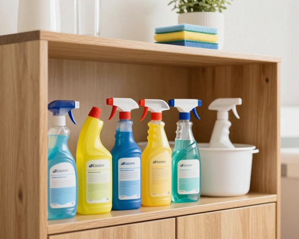 A well-organized and visually appealing storage space for household cleaning supplies, showcasing a wooden cabinet with cleaning bottles and tools neatly arranged on shelves. In the foreground, focus on vibrant, responsibly stored products with labels facing forward, emphasizing safety and organization. The middle layer features a soft light illuminating the cabinet, highlighting the colors and textures of the containers. In the background, a clean, neutral-toned wall provides a calming backdrop, enhancing the sense of order. The overall atmosphere is serene and professional, conveying a message of safety and care in home maintenance, suitable for a health-conscious family space. Use natural lighting to create a warm, inviting mood, as seen from a slightly elevated angle to encourage viewer engagement.