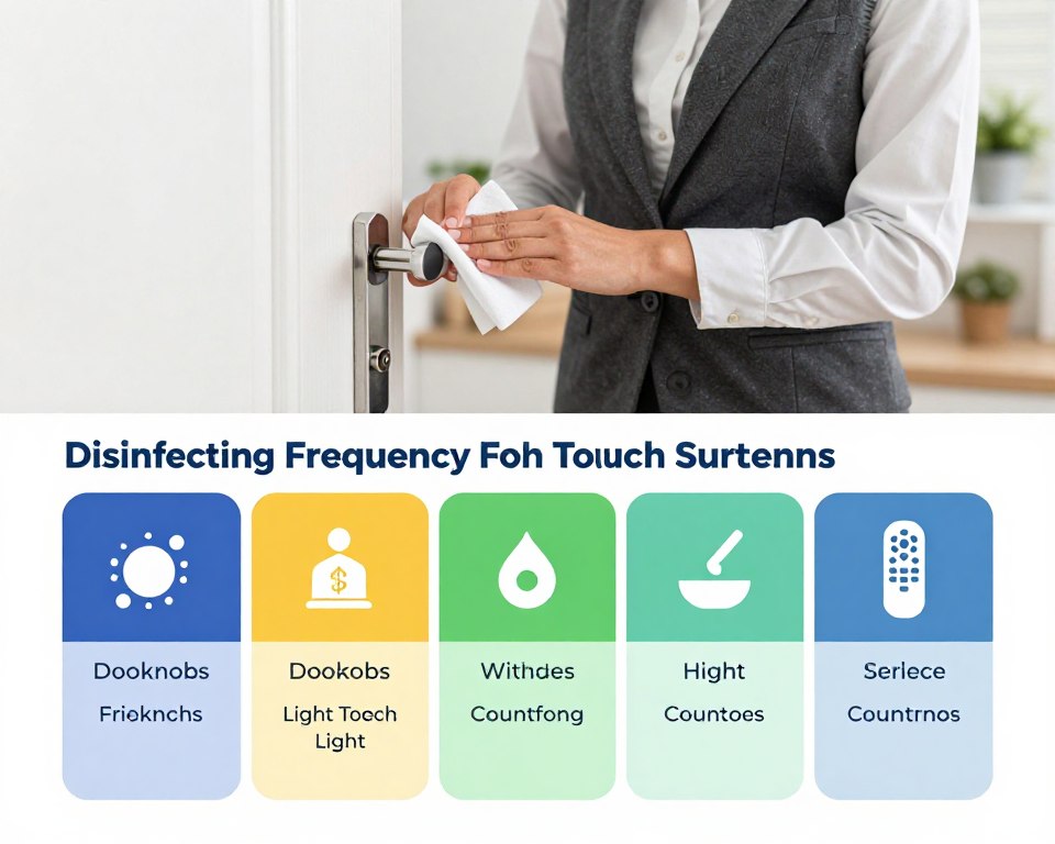 A well-organized chart displaying disinfecting frequency guidelines for high-touch surfaces during times of illness. The foreground features a visually appealing, color-coded chart with clear sections for various surfaces, such as doorknobs, light switches, countertops, and remote controls. The middle layer includes an illustration of a person in neatly pressed business attire, using disinfectant wipes to clean a doorknob, emphasizing the importance of maintaining hygiene. The background subtly depicts a cozy, well-lit home environment, suggesting a safe and healthy atmosphere. Soft, natural lighting adds warmth to the scene, creating a sense of care and responsibility towards cleanliness. The overall mood is informative yet approachable, encouraging viewers to take action in maintaining a sanitized home. A well-organized chart displaying disinfecting frequency guidelines for high-touch surfaces during times of illness. The foreground features a visually appealing, color-coded chart with clear sections for various surfaces, such as doorknobs, light switches, countertops, and remote controls. The middle layer includes an illustration of a person in neatly pressed business attire, using disinfectant wipes to clean a doorknob, emphasizing the importance of maintaining hygiene. The background subtly depicts a cozy, well-lit home environment, suggesting a safe and healthy atmosphere. Soft, natural lighting adds warmth to the scene, creating a sense of care and responsibility towards cleanliness. The overall mood is informative yet approachable, encouraging viewers to take action in maintaining a sanitized home.