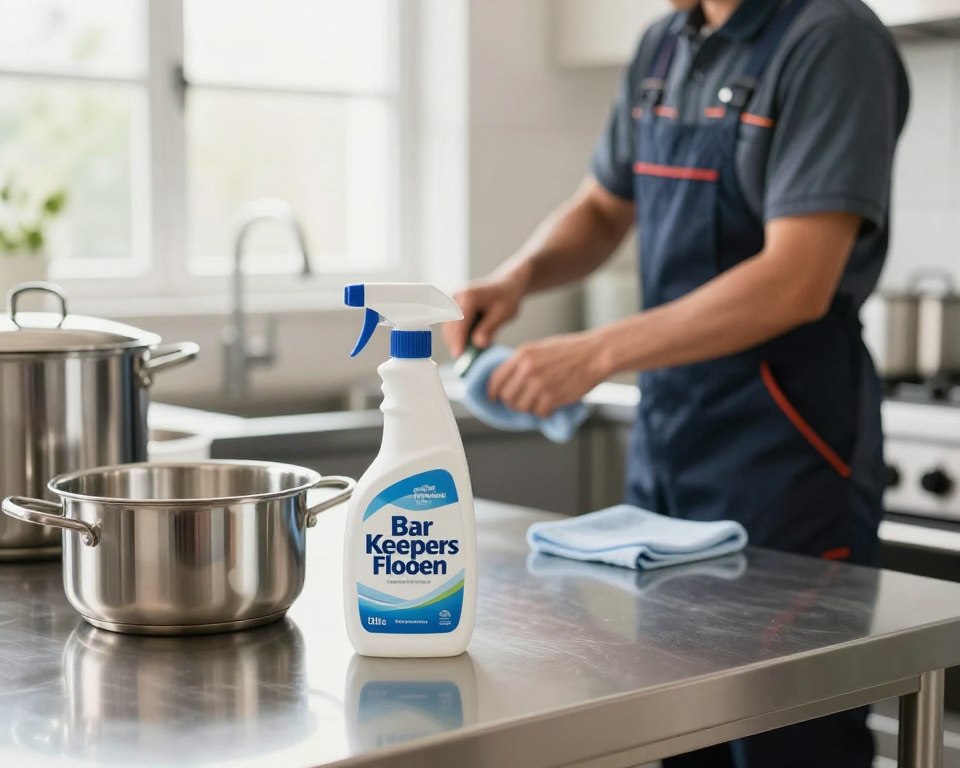 A well-organized cleaning workbench is depicted in a professional setting. In the foreground, a modern bottle of Bar Keepers Friend is prominently positioned next to a set of sparkling clean stainless steel cookware. The middle ground showcases a professional cleaner, dressed in a smart uniform, actively scrubbing a kitchen surface with a cloth, highlighting the effectiveness of the cleaner. In the background, soft natural light streams through a window, illuminating the gleaming surfaces and creating a warm, welcoming atmosphere. The focus is sharp, with a slight depth of field blurring the background to emphasize the relationship between the cleaner and the product, conveying a mood of cleanliness and professionalism in the cleaning industry. A well-organized cleaning workbench is depicted in a professional setting. In the foreground, a modern bottle of Bar Keepers Friend is prominently positioned next to a set of sparkling clean stainless steel cookware. The middle ground showcases a professional cleaner, dressed in a smart uniform, actively scrubbing a kitchen surface with a cloth, highlighting the effectiveness of the cleaner. In the background, soft natural light streams through a window, illuminating the gleaming surfaces and creating a warm, welcoming atmosphere. The focus is sharp, with a slight depth of field blurring the background to emphasize the relationship between the cleaner and the product, conveying a mood of cleanliness and professionalism in the cleaning industry.