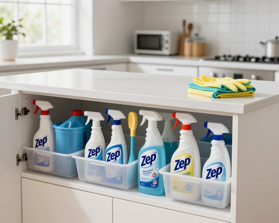A well-organized home cleaning supply storage area featuring Zep Cleaner products. In the foreground, a neatly labeled cabinet with various Zep cleaning bottles and tools, arranged by type and purpose, showcasing safe storage practices. The middle ground includes a clean, tidy workspace with a bright countertop, and a few cleaning rags and gloves placed thoughtfully nearby. The background shows a well-lit, modern kitchen with soft, natural lighting filtering through a window, highlighting the cleanliness and organization of the space. The atmosphere exudes safety and order, evoking a sense of effective home management. The image should be captured with a slight angle to provide depth, utilizing a DSLR-like focus that draws attention to the Zep products while keeping the entire scene in a sharp view. A well-organized home cleaning supply storage area featuring Zep Cleaner products. In the foreground, a neatly labeled cabinet with various Zep cleaning bottles and tools, arranged by type and purpose, showcasing safe storage practices. The middle ground includes a clean, tidy workspace with a bright countertop, and a few cleaning rags and gloves placed thoughtfully nearby. The background shows a well-lit, modern kitchen with soft, natural lighting filtering through a window, highlighting the cleanliness and organization of the space. The atmosphere exudes safety and order, evoking a sense of effective home management. The image should be captured with a slight angle to provide depth, utilizing a DSLR-like focus that draws attention to the Zep products while keeping the entire scene in a sharp view.