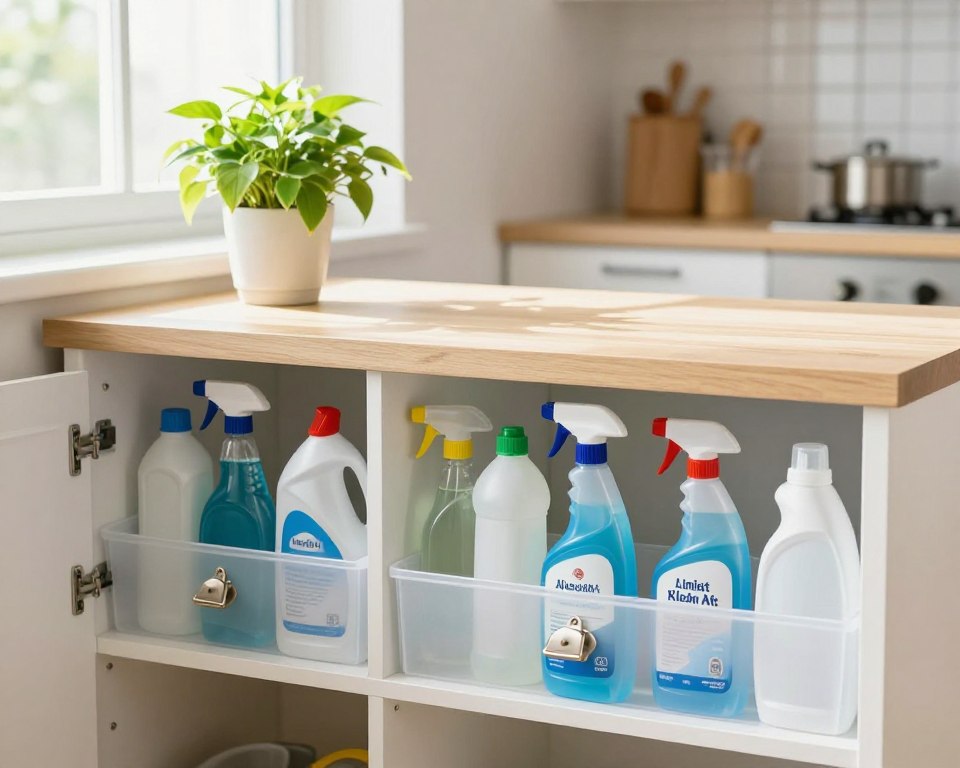 A well-organized home storage area showcasing safe practices for household chemicals. In the foreground, a bright, neatly labeled cabinet with various cleaning supplies, such as bottles of bleach, vinegar, and all-purpose cleaner, with childproof locks clearly visible. The middle ground features a countertop with a vibrant plant, enhancing the sense of safety and homeliness. In the background, a clean, simple kitchen setting with sunlight streaming through a window, highlighting the organized space. The overall atmosphere is calm and safe, emphasizing the importance of proper cleaning product storage to prevent accidental ingestion. The image should have bright, natural lighting focusing on clarity, captured from a slightly elevated angle to capture all layers aesthetically.