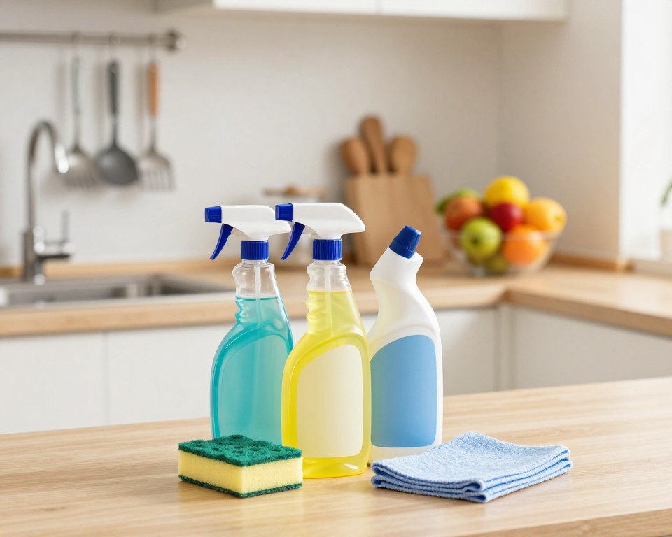 A well-organized kitchen cleaning scene featuring an array of sanitation products. In the foreground, display a set of common kitchen cleaning supplies, including spray bottles with labels indicating non-toxic ingredients, a sponge, and a microfiber cloth. The middle ground shows a clean kitchen countertop with a stainless steel sink and a bowl of fresh fruits, symbolizing a hygienic space. The background includes soft-focus elements like cabinets and hanging kitchen utensils to create depth. Use warm, natural lighting emphasizing a bright and inviting atmosphere, with a slight lens blur to draw attention to the cleaning products. Aim for a clean and refreshing mood, highlighting the importance of kitchen sanitation. A well-organized kitchen cleaning scene featuring an array of sanitation products. In the foreground, display a set of common kitchen cleaning supplies, including spray bottles with labels indicating non-toxic ingredients, a sponge, and a microfiber cloth. The middle ground shows a clean kitchen countertop with a stainless steel sink and a bowl of fresh fruits, symbolizing a hygienic space. The background includes soft-focus elements like cabinets and hanging kitchen utensils to create depth. Use warm, natural lighting emphasizing a bright and inviting atmosphere, with a slight lens blur to draw attention to the cleaning products. Aim for a clean and refreshing mood, highlighting the importance of kitchen sanitation.