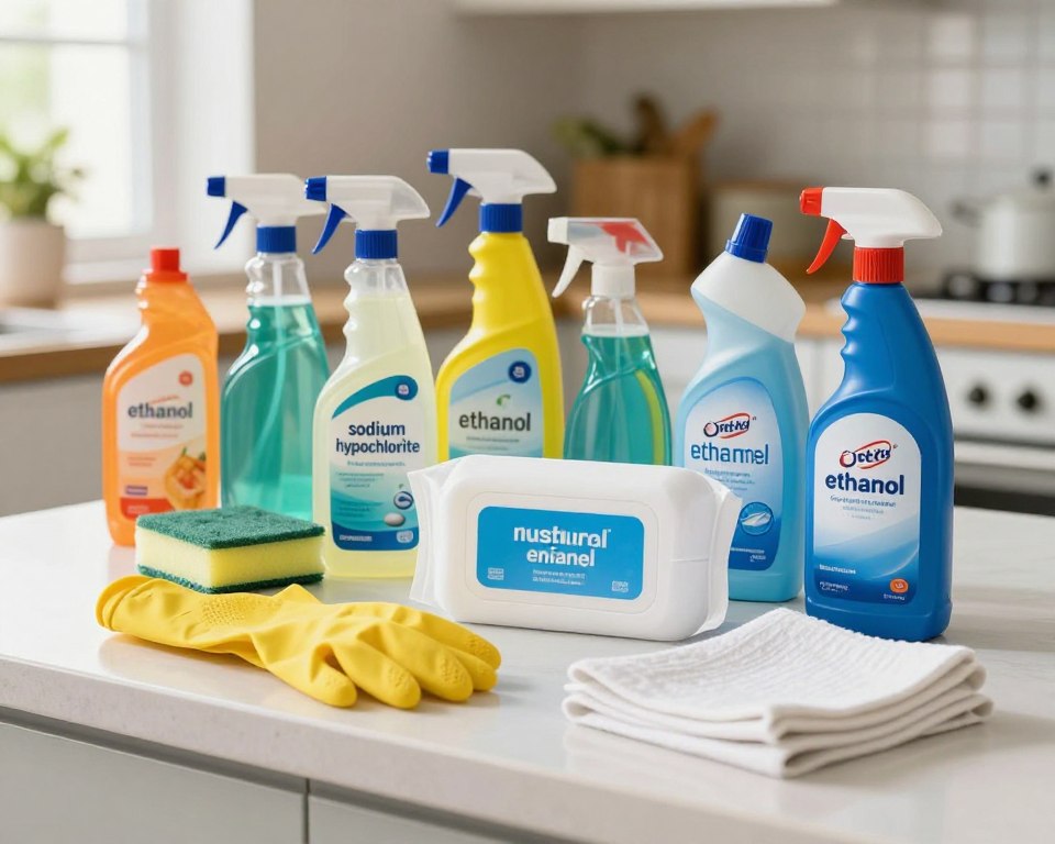 A well-organized kitchen counter filled with various household cleaning products, including colorful spray bottles, a canister of disinfectant wipes, and an open bottle of a multi-surface cleaner. In the foreground, a pair of rubber gloves rests next to a sponge and a neatly folded dish towel, emphasizing a ready-to-clean environment. The middle ground features a bright array of cleaning supplies, showcasing labels with chemical names like “sodium hypochlorite” and “ethanol” visibly understandable. The background should hint at a clean and cozy kitchen, subtly illuminated by soft, natural daylight filtering through a nearby window, creating a fresh and inviting atmosphere. Ideal for an educational article, the composition should feel informative yet approachable. A well-organized kitchen counter filled with various household cleaning products, including colorful spray bottles, a canister of disinfectant wipes, and an open bottle of a multi-surface cleaner. In the foreground, a pair of rubber gloves rests next to a sponge and a neatly folded dish towel, emphasizing a ready-to-clean environment. The middle ground features a bright array of cleaning supplies, showcasing labels with chemical names like “sodium hypochlorite” and “ethanol” visibly understandable. The background should hint at a clean and cozy kitchen, subtly illuminated by soft, natural daylight filtering through a nearby window, creating a fresh and inviting atmosphere. Ideal for an educational article, the composition should feel informative yet approachable.