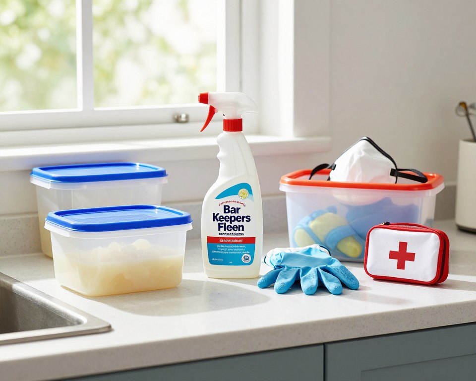 A well-organized kitchen countertop featuring Bar Keepers Friend cleaner prominently displayed next to proper storage containers and safety equipment. In the foreground, a neatly labeled container with a secure lid is shown, emphasizing safety measures. The middle ground includes a bottle of Bar Keepers Friend with safety precautions illustrated, surrounded by gloves, a dust mask, and a small first aid kit, all conveying responsible handling. The background features a clean, bright kitchen setting with natural light streaming in from a window, highlighting cleanliness and safety. The atmosphere is calm and professional, encouraging safe household practices. The image should use vibrant colors and a clear focus, shot at eye level to provide an inviting perspective. A well-organized kitchen countertop featuring Bar Keepers Friend cleaner prominently displayed next to proper storage containers and safety equipment. In the foreground, a neatly labeled container with a secure lid is shown, emphasizing safety measures. The middle ground includes a bottle of Bar Keepers Friend with safety precautions illustrated, surrounded by gloves, a dust mask, and a small first aid kit, all conveying responsible handling. The background features a clean, bright kitchen setting with natural light streaming in from a window, highlighting cleanliness and safety. The atmosphere is calm and professional, encouraging safe household practices. The image should use vibrant colors and a clear focus, shot at eye level to provide an inviting perspective.