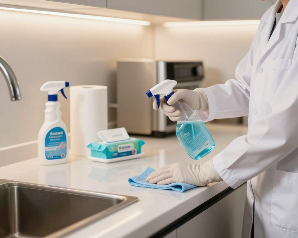 A well-organized kitchen countertop scene depicting the step-by-step process of sanitizing surfaces. In the foreground, a professional person in a crisp white lab coat and gloves carefully cleans a countertop with a disinfectant spray bottle and cloth, ensuring proper technique. The middle ground features neatly arranged cleaning supplies, including a spray bottle, paper towels, and a small container of wipes, all in bright, modern packaging. The background shows a clean, well-lit kitchen with shiny appliances and an inviting atmosphere, emphasizing cleanliness and order. The lighting is bright and warm, creating a welcoming environment. The camera angle captures the action from a slightly elevated perspective, focusing on the cleaning process while showcasing the spotless surrounding kitchen. The mood is calm, focused, and educational.