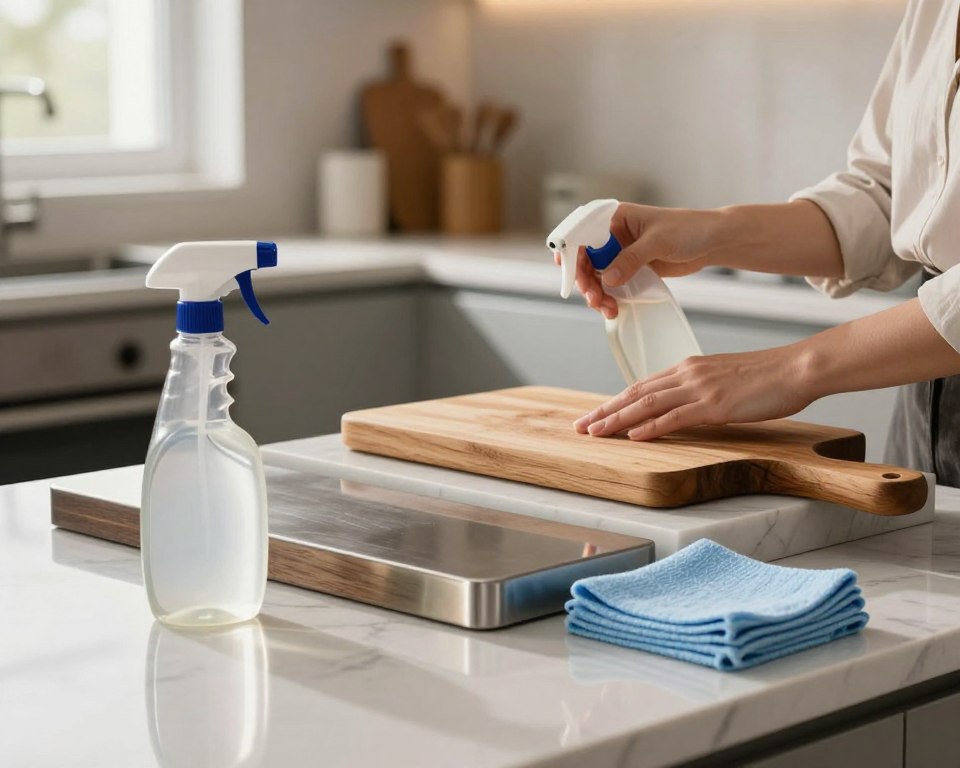 A well-organized kitchen countertop scene showcasing disinfectant application tips. In the foreground, a pair of neatly arranged cleaning supplies—disinfectant spray bottle and soft cloths—highlighting their use on a variety of surface materials, such as wood, stainless steel, and marble. The middle layer features a close-up of hands in professional business attire, applying the disinfectant to a wooden cutting board. The background presents a softly lit kitchen environment, with warm, inviting tones and natural light streaming through a window, creating a clean and hygienic atmosphere. Emphasize texture and reflection on surfaces to illustrate compatibility and damage prevention while maintaining a calm and informative mood.