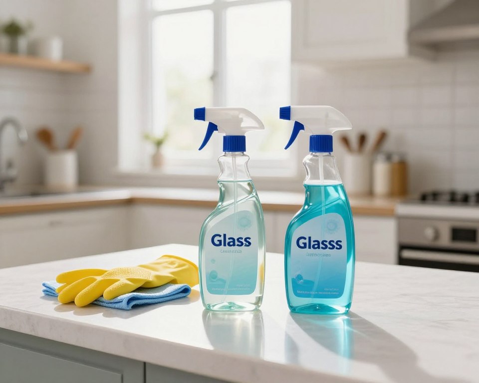 A well-organized kitchen countertop serves as the setting, showcasing an array of cleaning supplies. In the foreground, two spray bottles, one labeled for glass cleaner and the other for multi-surface cleaner, are prominently displayed, with their nozzles slightly directed towards each other, hinting at the question of mixing them. In the middle ground, a pair of rubber gloves and a clean microfiber cloth lie beside the bottles, indicating a cleaning scenario. The background features a bright and airy kitchen with sunlight streaming through a window, creating a fresh and inviting atmosphere. Use soft, diffused lighting to emphasize the cleanliness of the space, captured from a slightly elevated angle that invites viewers to engage with the subject matter. The overall mood is informative yet approachable, encouraging viewers to consider the implications of mixing these cleaners. A well-organized kitchen countertop serves as the setting, showcasing an array of cleaning supplies. In the foreground, two spray bottles, one labeled for glass cleaner and the other for multi-surface cleaner, are prominently displayed, with their nozzles slightly directed towards each other, hinting at the question of mixing them. In the middle ground, a pair of rubber gloves and a clean microfiber cloth lie beside the bottles, indicating a cleaning scenario. The background features a bright and airy kitchen with sunlight streaming through a window, creating a fresh and inviting atmosphere. Use soft, diffused lighting to emphasize the cleanliness of the space, captured from a slightly elevated angle that invites viewers to engage with the subject matter. The overall mood is informative yet approachable, encouraging viewers to consider the implications of mixing these cleaners.