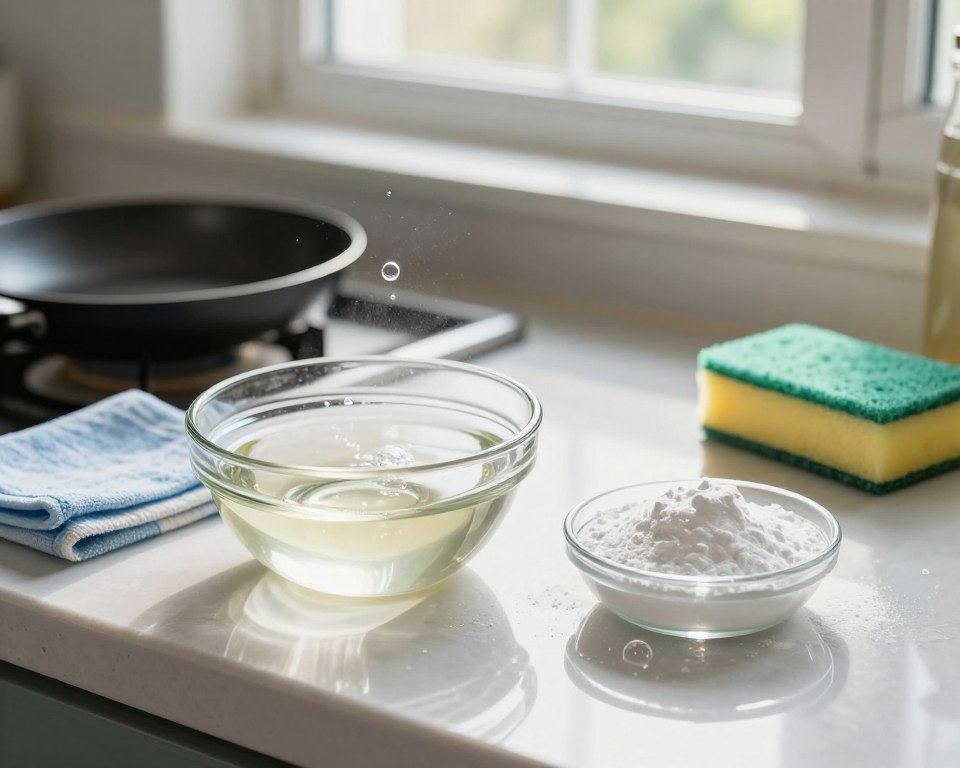 A well-organized kitchen countertop showcasing the myth of mixing baking soda and vinegar for cleaning. In the foreground, there are a glass bowl filled with vinegar and a small dish of white baking soda, both slightly sparkling to suggest freshness; bubbles are gently emerging from the mix. In the middle ground, a cleaning cloth and a few stained household items, like a pan and sponge, symbolize the chaos often associated with cleaning myths. The background features an open window, allowing natural sunlight to stream in, casting soft, bright light across the scene, enhancing the cleanliness and freshness of the space. The overall mood should be informative and inviting, encouraging a closer look at the cleaning myth. A well-organized kitchen countertop showcasing the myth of mixing baking soda and vinegar for cleaning. In the foreground, there are a glass bowl filled with vinegar and a small dish of white baking soda, both slightly sparkling to suggest freshness; bubbles are gently emerging from the mix. In the middle ground, a cleaning cloth and a few stained household items, like a pan and sponge, symbolize the chaos often associated with cleaning myths. The background features an open window, allowing natural sunlight to stream in, casting soft, bright light across the scene, enhancing the cleanliness and freshness of the space. The overall mood should be informative and inviting, encouraging a closer look at the cleaning myth.