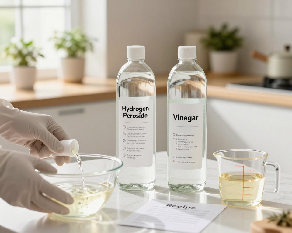 A well-organized kitchen countertop with two clear glass bottles labeled "Hydrogen Peroxide" and "Vinegar," placed side by side. In the foreground, a pair of gloved hands carefully pours hydrogen peroxide from one bottle into a mixing bowl, while a measuring cup with vinegar sits nearby, reflecting the soft light. The middle section features a recipe card with simple, clean instructions on safe mixing protocols, emphasizing separation and caution. In the background, a bright, airy kitchen setting with potted plants and sunlight streaming in through a window creates a warm and inviting atmosphere. The scene is captured with a soft focus on the bottles, ensuring a professional appearance suitable for a cleaning guide. A well-organized kitchen countertop with two clear glass bottles labeled "Hydrogen Peroxide" and "Vinegar," placed side by side. In the foreground, a pair of gloved hands carefully pours hydrogen peroxide from one bottle into a mixing bowl, while a measuring cup with vinegar sits nearby, reflecting the soft light. The middle section features a recipe card with simple, clean instructions on safe mixing protocols, emphasizing separation and caution. In the background, a bright, airy kitchen setting with potted plants and sunlight streaming in through a window creates a warm and inviting atmosphere. The scene is captured with a soft focus on the bottles, ensuring a professional appearance suitable for a cleaning guide.