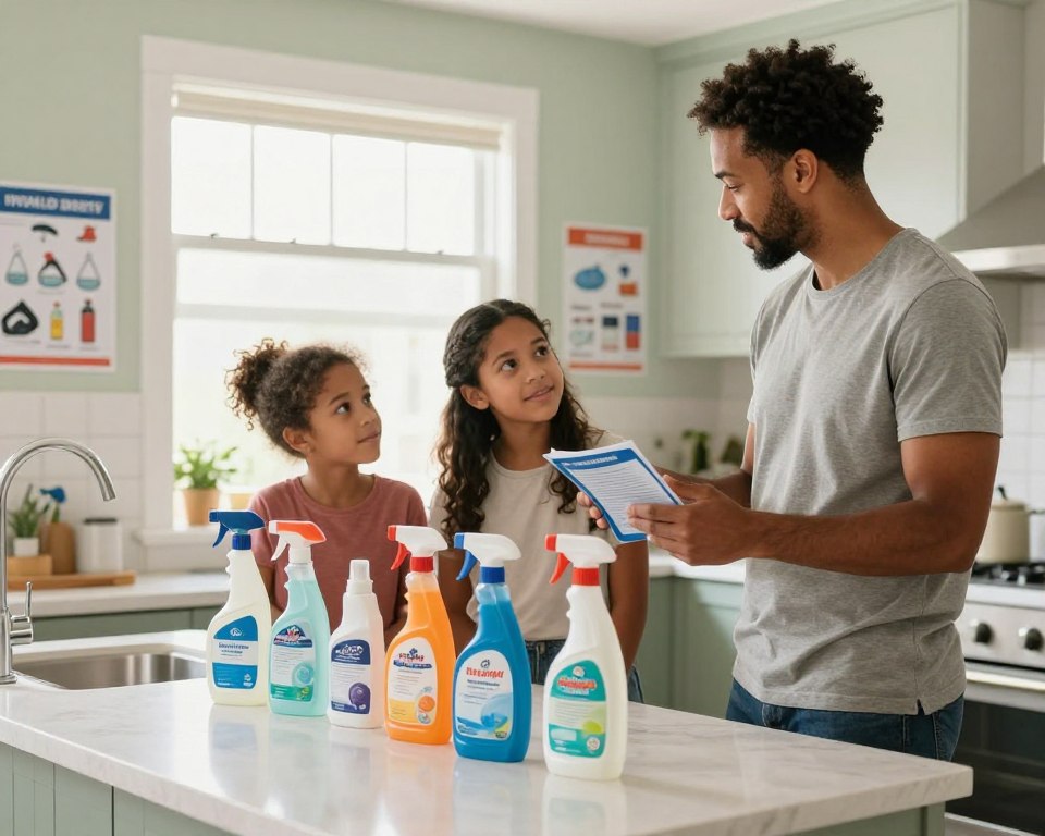 A well-organized kitchen featuring a diverse family of four, standing together at a kitchen island. In the foreground, an adult is demonstrating the correct way to read chemical labels from various household cleaning products, all placed neatly on the countertop. The adult is wearing smart casual clothing, engaging in a friendly discussion. In the middle ground, two children are observing attentively with expressions of curiosity and understanding. In the background, a bright window allows natural light to flood the space, creating a warm and inviting atmosphere. The walls are painted in soft colors, accentuating the calmness of the scene, while a few safety posters about chemical safety are displayed on the walls. The mood is educational and supportive, emphasizing the importance of household safety.