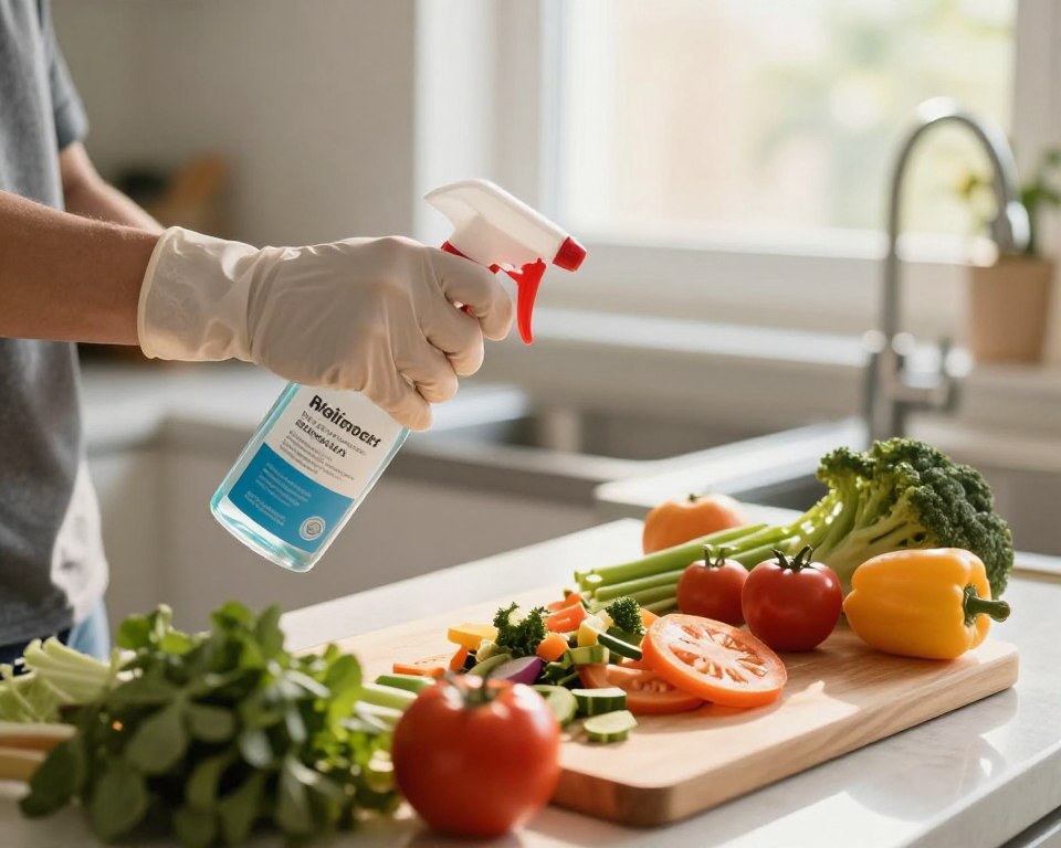 A well-organized kitchen setting showcasing the potential safety concerns of using disinfectant spray around food. In the foreground, a pair of gloved hands holding a canister of disinfectant spray poised above a wooden cutting board adorned with fresh vegetables and fruits. The middle ground features a sleek countertop with a half-prepared meal, illustrating a contrast between cleanliness and food safety. In the background, sunlight gently streams through a window, illuminating the scene and creating a warm yet cautious atmosphere. The focus is sharp and vibrant, enhancing the colors of the food, while the disinfectant spray appears slightly out of focus, emphasizing its potential threat. The mood is thoughtful and informative, inviting viewers to consider the implications of safety in food preparation.