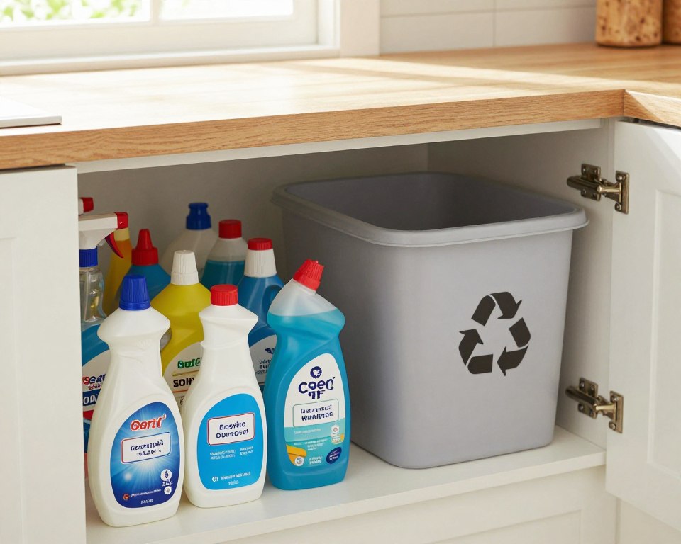 A well-organized kitchen storage area featuring safely stored cleaning products. In the foreground, focus on a tidy cabinet with labeled bottles of various cleaning agents, all securely capped and arranged neatly. In the middle, a recycling bin labeled for disposal of empty cleaning product containers sits next to a container for hazardous waste, emphasizing safe disposal methods. In the background, soft natural lighting filters through a window, illuminating the space and creating a clean, inviting atmosphere. The mood is calm and responsible, illustrating safety and organization. The angle is slightly overhead, providing a clear view of the storage setup, without any people present. The scene conveys best practices for the safe storage and disposal of cleaning products. A well-organized kitchen storage area featuring safely stored cleaning products. In the foreground, focus on a tidy cabinet with labeled bottles of various cleaning agents, all securely capped and arranged neatly. In the middle, a recycling bin labeled for disposal of empty cleaning product containers sits next to a container for hazardous waste, emphasizing safe disposal methods. In the background, soft natural lighting filters through a window, illuminating the space and creating a clean, inviting atmosphere. The mood is calm and responsible, illustrating safety and organization. The angle is slightly overhead, providing a clear view of the storage setup, without any people present. The scene conveys best practices for the safe storage and disposal of cleaning products.