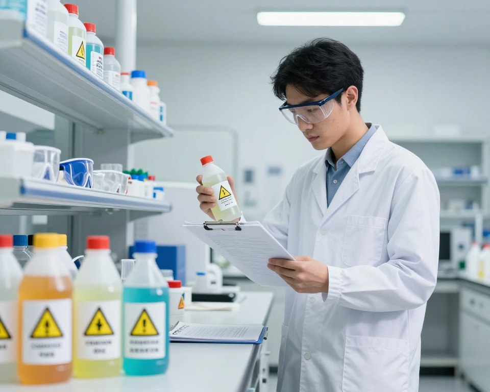 A well-organized laboratory environment with a focus on identifying high-risk cleaning agents. In the foreground, a set of chemical bottles labeled with clear hazard symbols, such as corrosive, toxic, and flammable. In the middle, a researcher in a lab coat and safety goggles examines a cleaning product while holding a clipboard with visible notes and hazard symbols. The background features laboratory shelves stocked with various cleaning products, along with safety equipment like goggles and gloves. Bright, sterile overhead lighting highlights the objects, creating a clinical atmosphere. The mood is serious and focused, emphasizing safety and responsibility when handling potentially hazardous substances. A well-organized laboratory environment with a focus on identifying high-risk cleaning agents. In the foreground, a set of chemical bottles labeled with clear hazard symbols, such as corrosive, toxic, and flammable. In the middle, a researcher in a lab coat and safety goggles examines a cleaning product while holding a clipboard with visible notes and hazard symbols. The background features laboratory shelves stocked with various cleaning products, along with safety equipment like goggles and gloves. Bright, sterile overhead lighting highlights the objects, creating a clinical atmosphere. The mood is serious and focused, emphasizing safety and responsibility when handling potentially hazardous substances.
