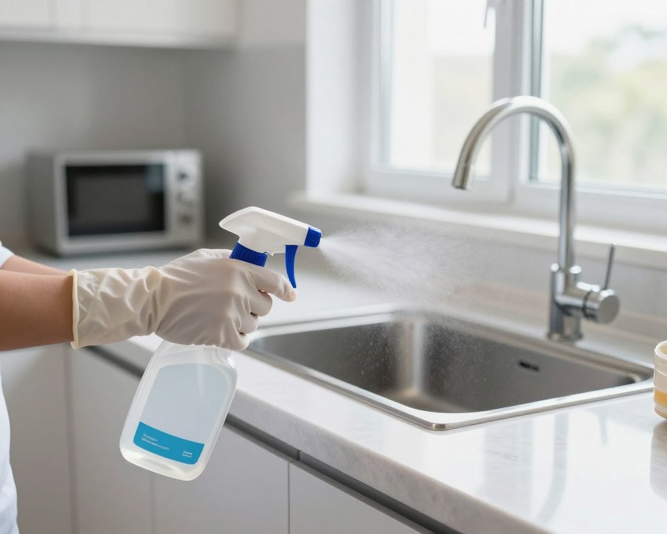 A well-organized, professional cleaning scene showcasing proper disinfection techniques. In the foreground, a pair of hands wearing disposable gloves holding a disinfectant spray bottle aimed at a kitchen countertop, with fine mist visible in the air. The middle ground features a sparkling clean kitchen with a focus on various surfaces such as the countertop, faucet, and appliances, illustrating the application of disinfectants. In the background, there’s a bright, well-lit window letting in natural light, enhancing the atmosphere of cleanliness and hygiene. Use bright, cheerful lighting to evoke a sense of safety and effectiveness. The entire scene should feel organized and efficient, promoting a sense of security through proper disinfection practices. The angle is slightly above eye level, capturing both the action and the clean environment.