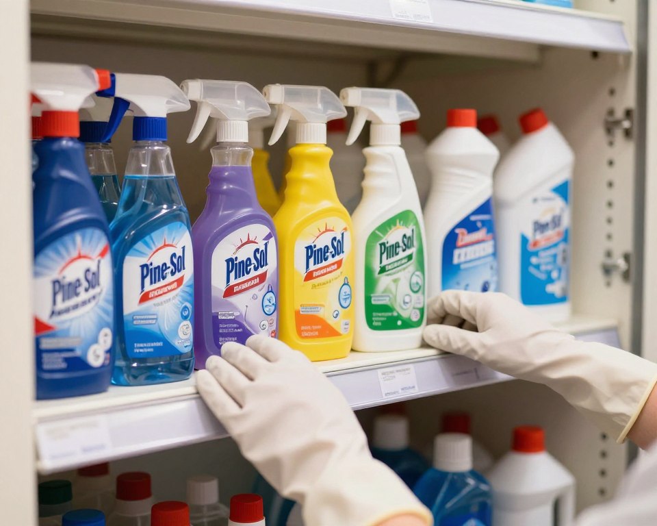 A well-organized storage cabinet filled with various cleaning products, prominently featuring labeled bottles of bleach and Pine-Sol, all secured with clear safety caps. In the foreground, a pair of gloved hands carefully arranging the products, ensuring chemicals are separated to avoid unsafe mixing. In the middle, a neat arrangement of shelves displaying vibrant bottles with color-coded labels, each marked with safety instructions. The background is softly blurred to emphasize the organized storage space, with warm, inviting lighting that promotes a sense of safety and cleanliness. Capture the mood of responsibility and caution in handling cleaning agents, featuring professional attire for the hands highlighted in the image.
