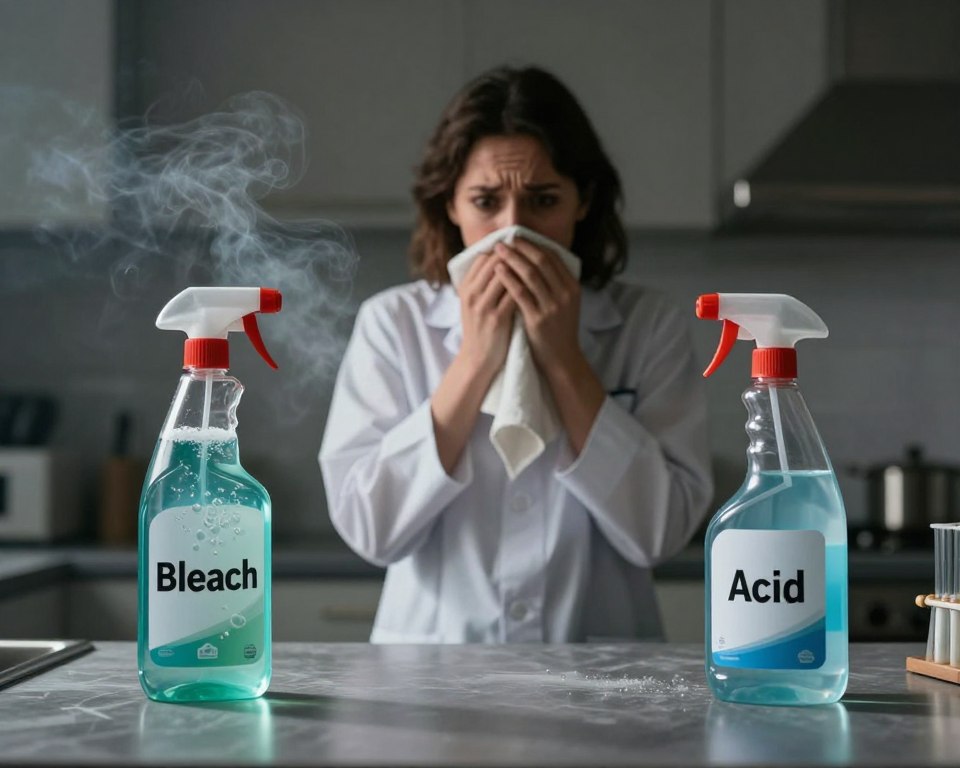 An artistic depiction of the health hazards of combining household cleaners, focusing on the dangerous interaction between bleach and acids. In the foreground, a pair of chemical bottles labeled "Bleach" and "Acid," their contents ominously bubbling and emitting a faint noxious gas. In the middle ground, a worried figure in professional attire covers their mouth with a cloth, illustrating concern and caution. The background features a dimly lit kitchen setting with a subtle haze, emphasizing the toxic atmosphere. Soft, dramatic lighting casts shadows, enhancing the mood of danger and urgency. The composition should convey a serious tone, with a wide-angle perspective to capture the scene's intensity while ensuring a clear focus on the chemical interaction.