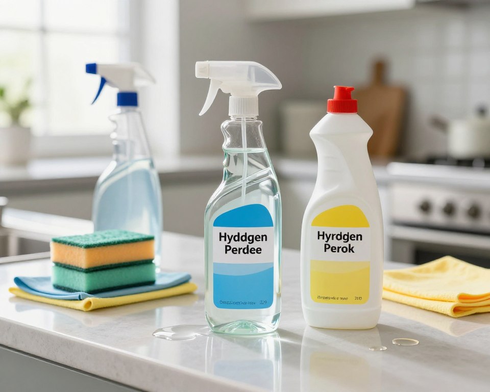 An image depicting two contrasting cleaning agents on a kitchen countertop, with hydrogen peroxide in a clear bottle and vinegar in a white bottle, positioned prominently in the foreground. The bottles should have visible labels and a small puddle of each liquid on the surface, emphasizing their fluid nature. In the middle ground, include a spray bottle, sponges, and cleaning cloths, all in vibrant colors to signify caution. The background features a blurred view of a sunny kitchen, creating a welcoming atmosphere despite the potentially dangerous combination. Use soft, natural lighting to reflect the cleanliness of the space, focusing on an angled view that draws attention to the cleaning agents. The mood should balance between cleanliness and caution, warning about the volatile reaction without appearing alarming. An image depicting two contrasting cleaning agents on a kitchen countertop, with hydrogen peroxide in a clear bottle and vinegar in a white bottle, positioned prominently in the foreground. The bottles should have visible labels and a small puddle of each liquid on the surface, emphasizing their fluid nature. In the middle ground, include a spray bottle, sponges, and cleaning cloths, all in vibrant colors to signify caution. The background features a blurred view of a sunny kitchen, creating a welcoming atmosphere despite the potentially dangerous combination. Use soft, natural lighting to reflect the cleanliness of the space, focusing on an angled view that draws attention to the cleaning agents. The mood should balance between cleanliness and caution, warning about the volatile reaction without appearing alarming.